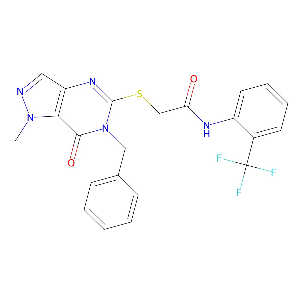 2-((6-benzyl-1-methyl-7-oxo-6,7-dihydro-1H-pyrazolo[4,3-d]pyrimidin-5-yl)thio)-N-(2-(trifluoromethyl)phenyl)acetamide molecular structure, CAS 1358286-22-2