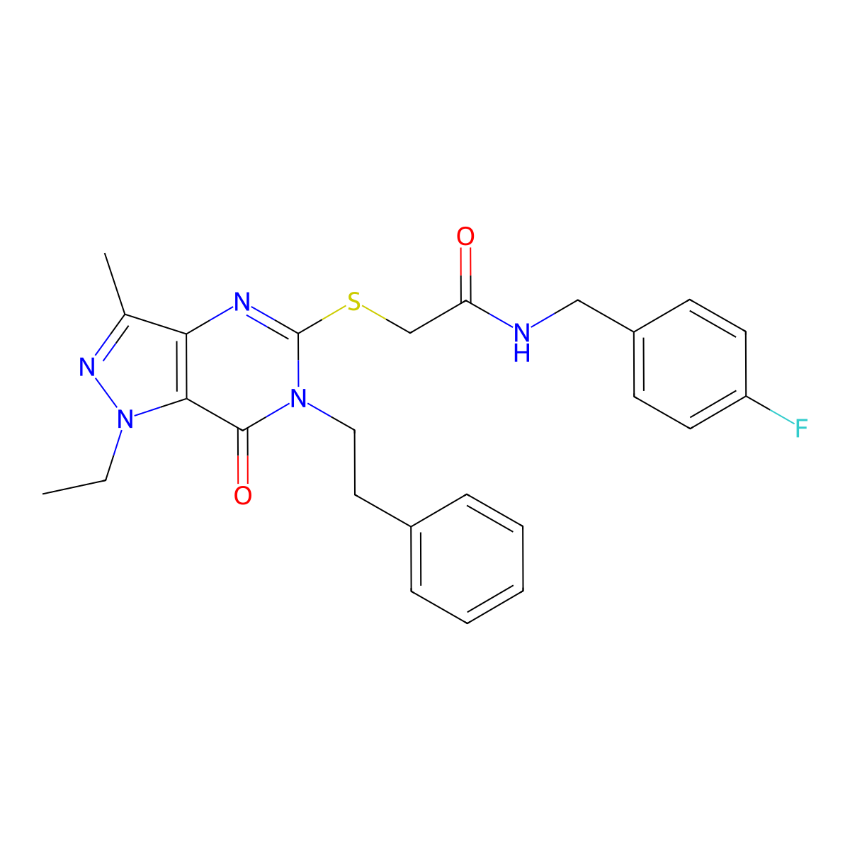 2-{[1-ethyl-3-methyl-7-oxo-6-(2-phenylethyl)-1H,6H,7H-pyrazolo[4,3-d]pyrimidin-5-yl]sulfanyl}-N-[(4-fluorophenyl)methyl]acetamide molecular structure, CAS 1358286-54-0