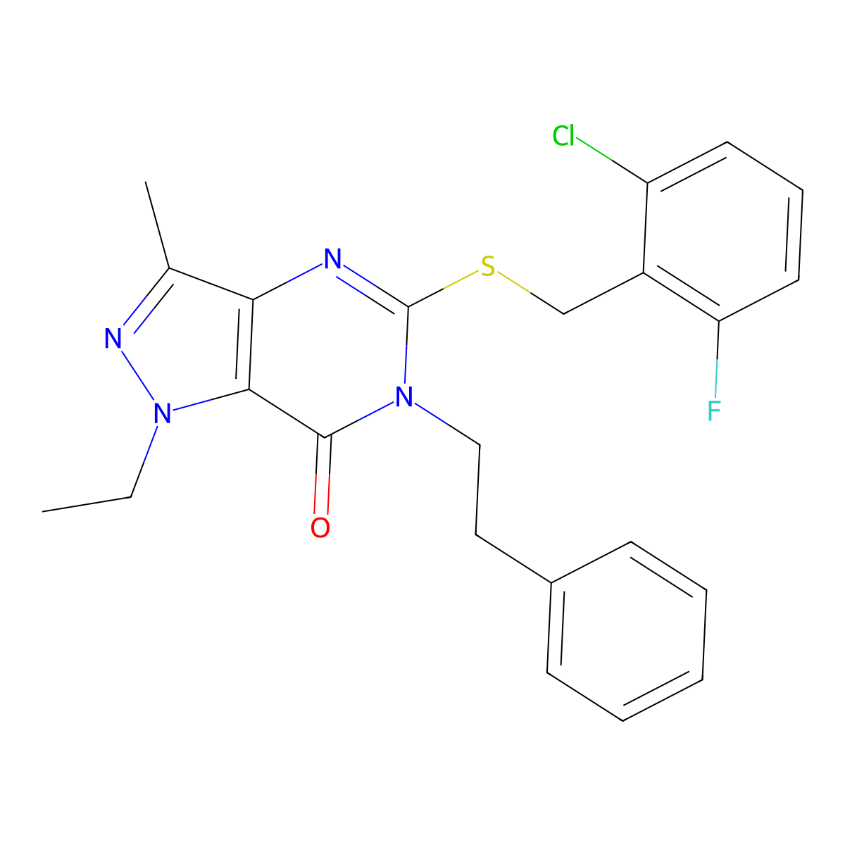 5-((2-chloro-6-fluorobenzyl)thio)-1-ethyl-3-methyl-6-phenethyl-1H-pyrazolo[4,3-d]pyrimidin-7(6H)-one molecular structure, CAS 1358286-67-5