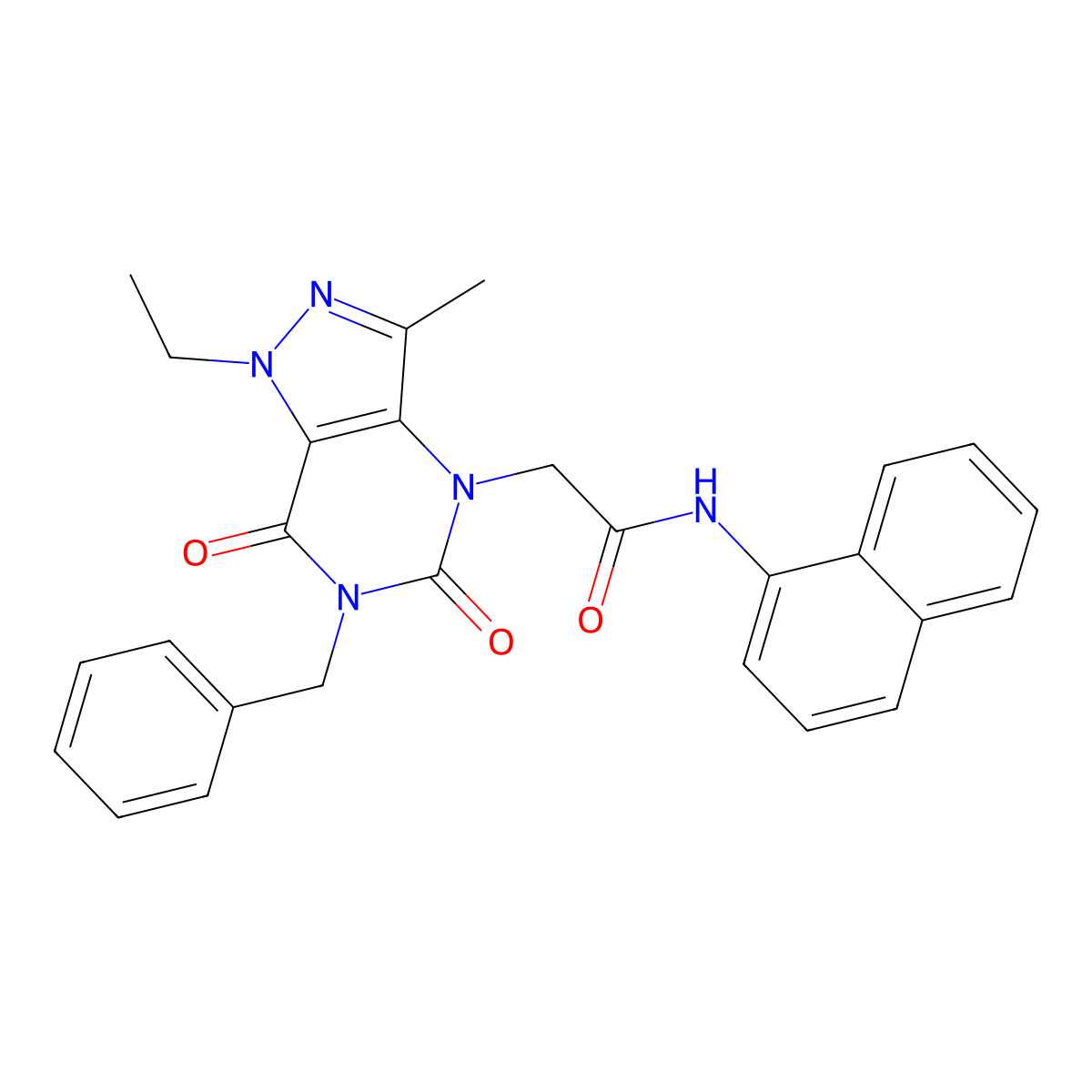 2-{6-benzyl-1-ethyl-3-methyl-5,7-dioxo-1H,4H,5H,6H,7H-pyrazolo[4,3-d]pyrimidin-4-yl}-N-(naphthalen-1-yl)acetamide molecular structure, CAS 1358299-61-2