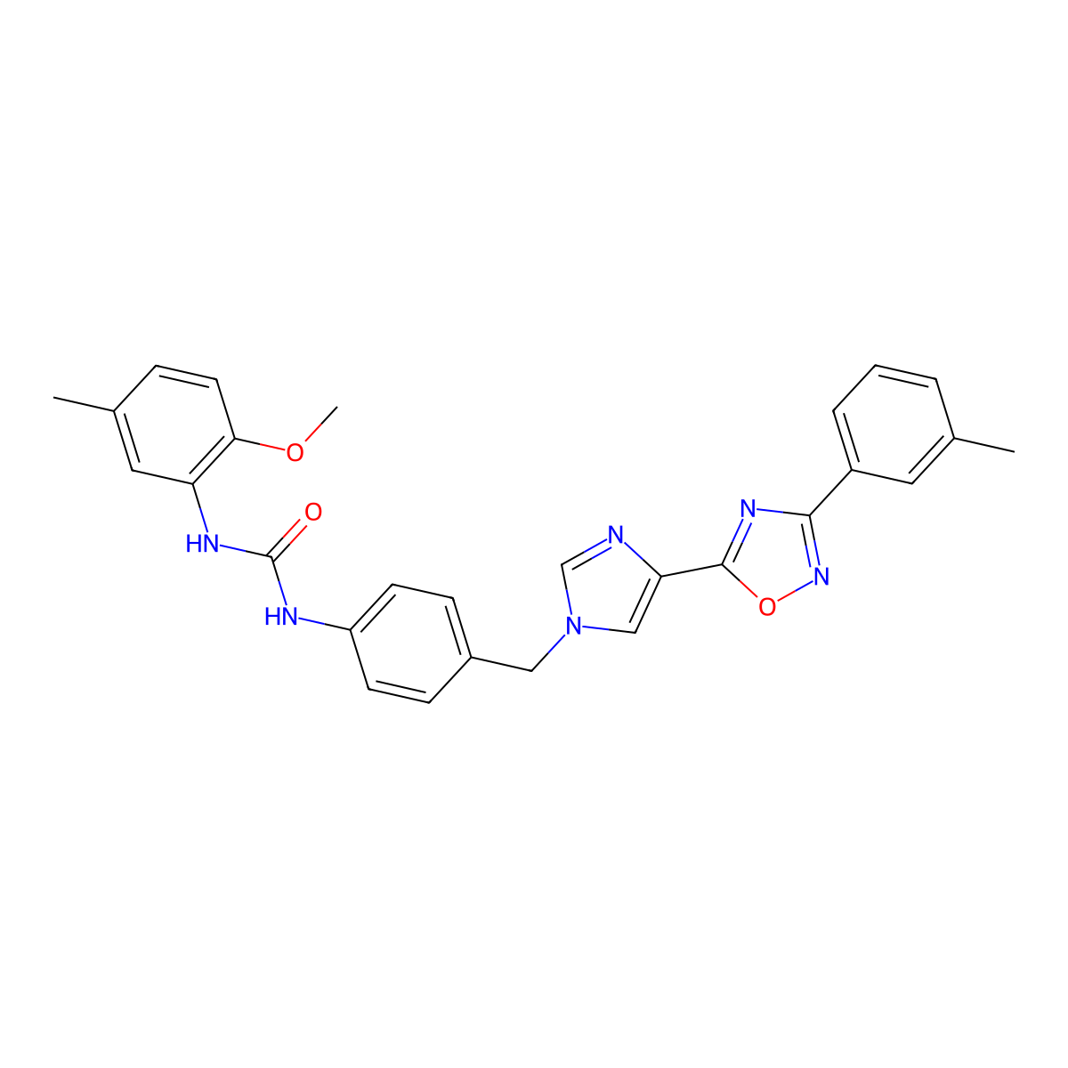 1-(2-methoxy-5-methylphenyl)-3-(4-((4-(3-(m-tolyl)-1,2,4-oxadiazol-5-yl)-1H-imidazol-1-yl)methyl)phenyl)urea molecular structure, CAS 1358309-48-4