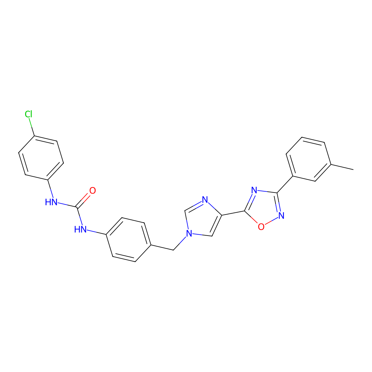 1-(4-chlorophenyl)-3-(4-((4-(3-(m-tolyl)-1,2,4-oxadiazol-5-yl)-1H-imidazol-1-yl)methyl)phenyl)urea molecular structure, CAS 1358317-04-0