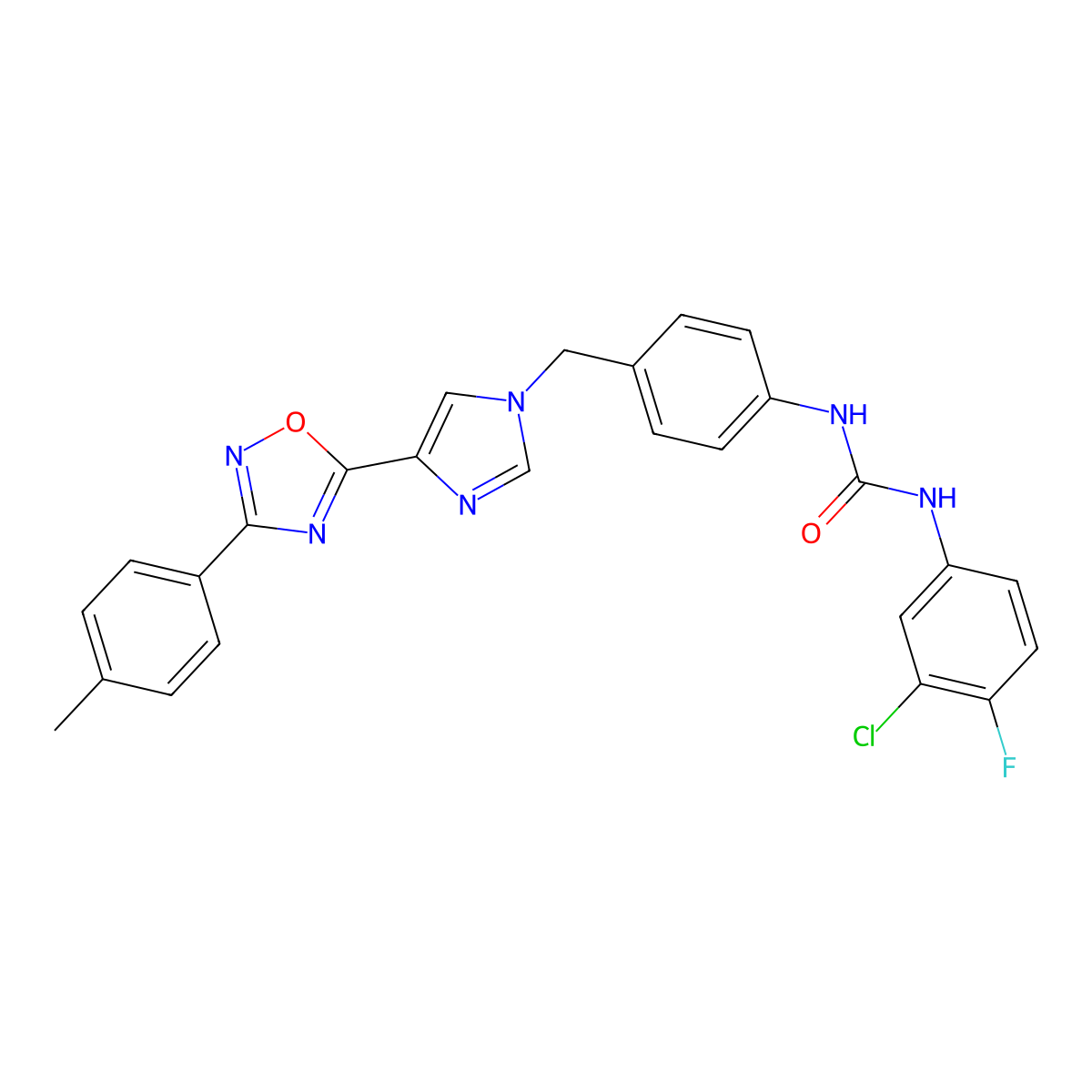 1-(3-chloro-4-fluorophenyl)-3-(4-((4-(3-(p-tolyl)-1,2,4-oxadiazol-5-yl)-1H-imidazol-1-yl)methyl)phenyl)urea molecular structure, CAS 1358317-43-7