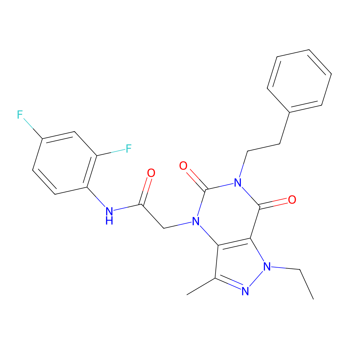 N-(2,4-difluorophenyl)-2-(1-ethyl-3-methyl-5,7-dioxo-6-phenethyl-6,7-dihydro-1H-pyrazolo[4,3-d]pyrimidin-4(5H)-yl)acetamide molecular structure, CAS 1358328-36-5