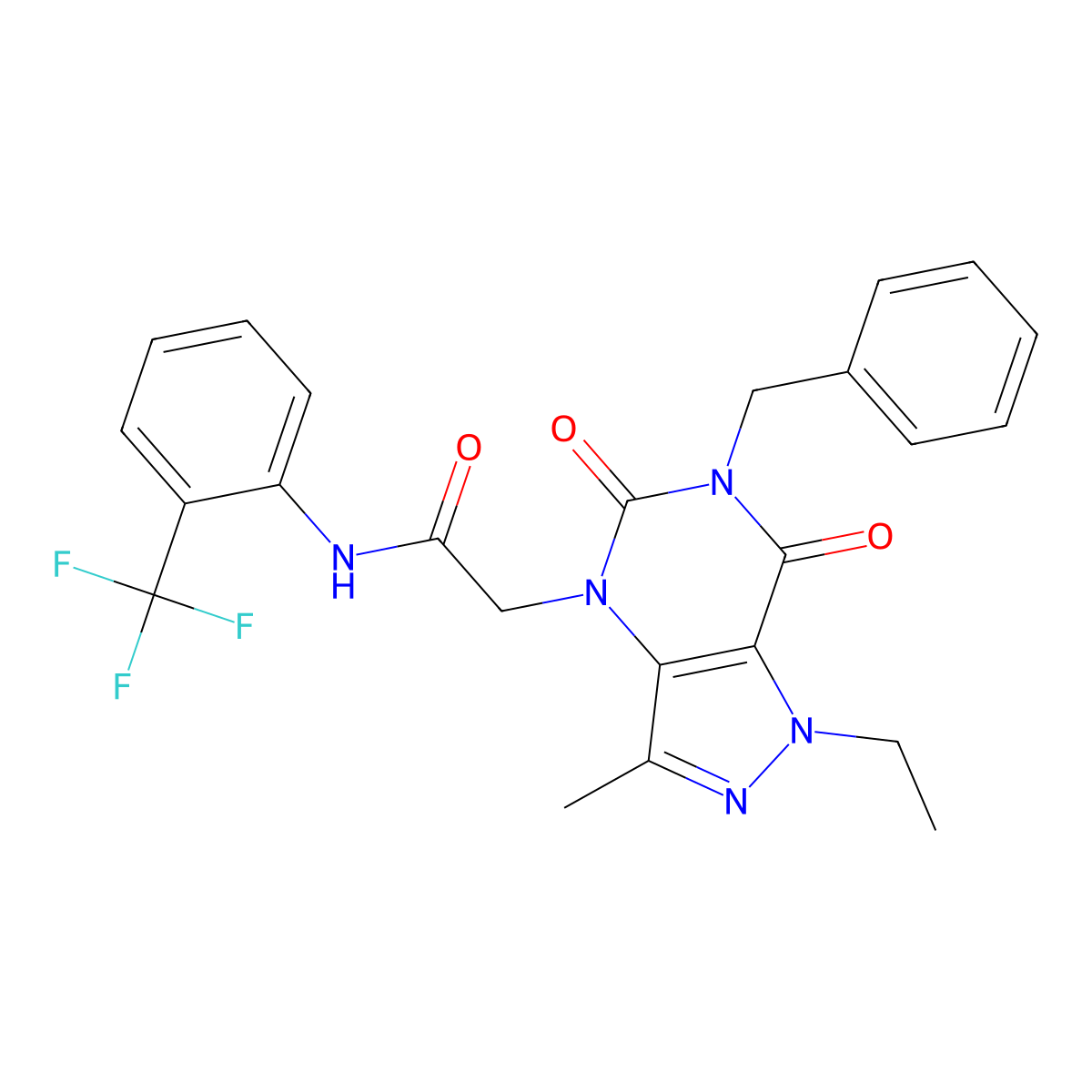 2-(6-benzyl-1-ethyl-3-methyl-5,7-dioxo-6,7-dihydro-1H-pyrazolo[4,3-d]pyrimidin-4(5H)-yl)-N-(2-(trifluoromethyl)phenyl)acetamide molecular structure, CAS 1358328-64-9