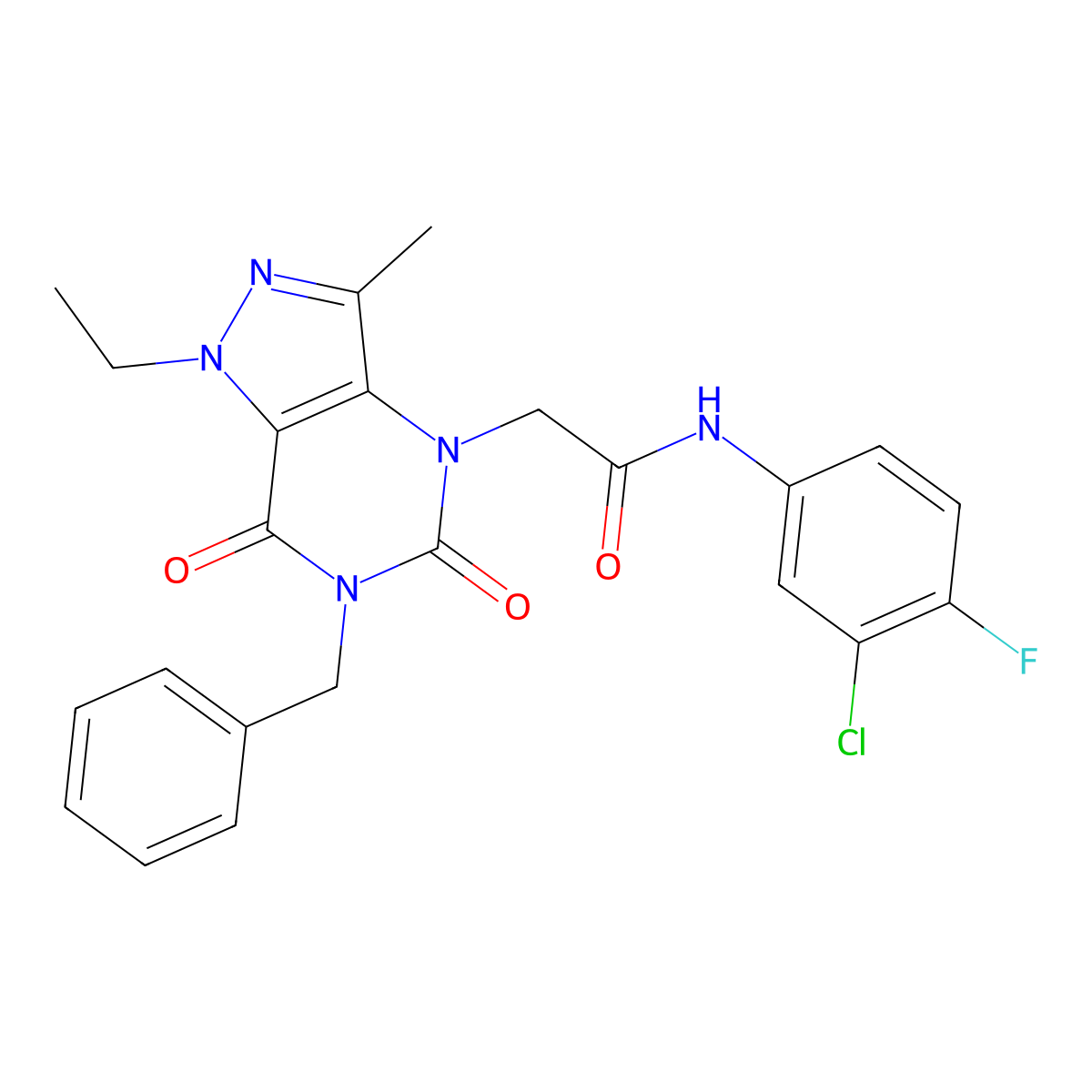 2-{6-benzyl-1-ethyl-3-methyl-5,7-dioxo-1H,4H,5H,6H,7H-pyrazolo[4,3-d]pyrimidin-4-yl}-N-(3-chloro-4-fluorophenyl)acetamide molecular structure, CAS 1358328-73-0