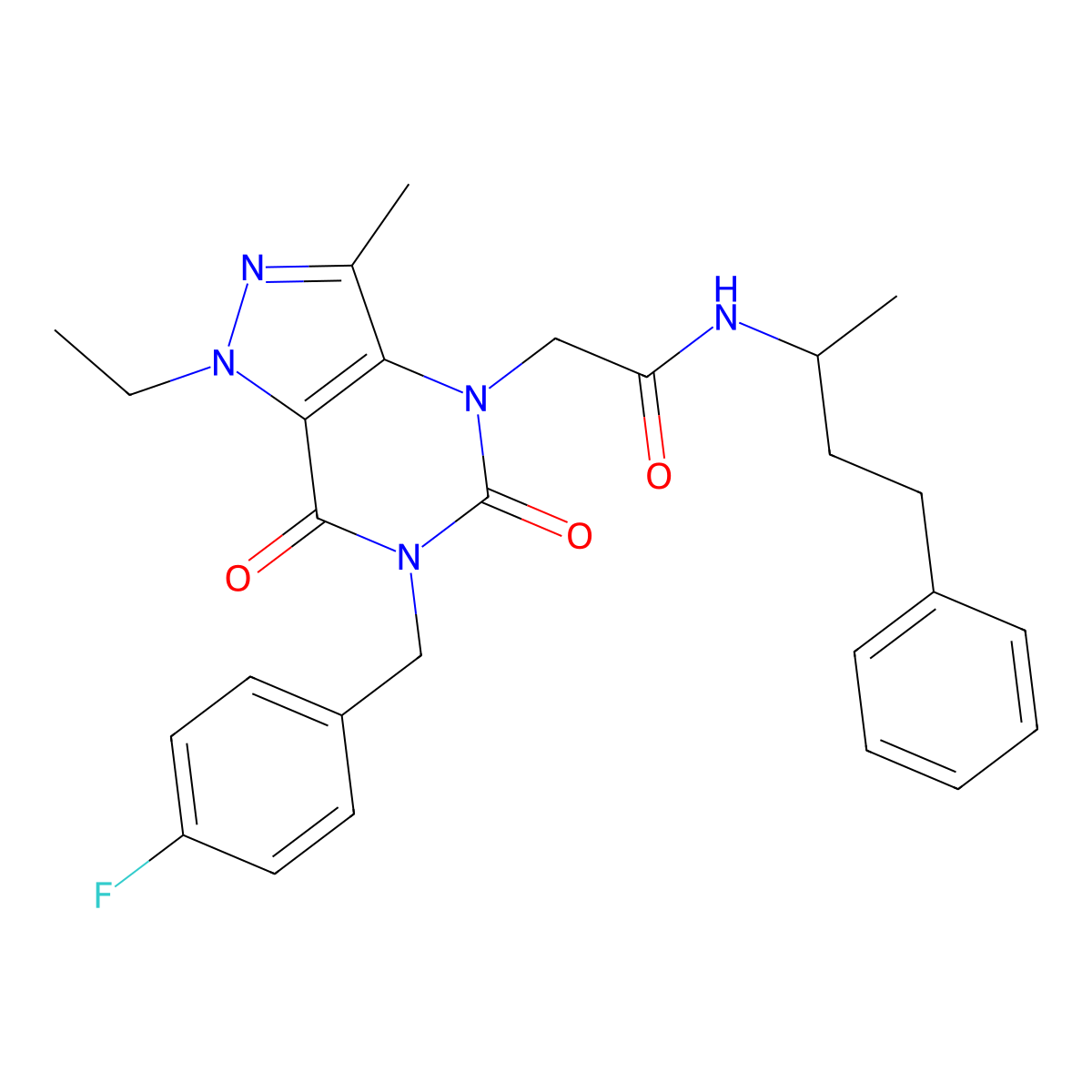 2-(1-ethyl-6-(4-fluorobenzyl)-3-methyl-5,7-dioxo-6,7-dihydro-1H-pyrazolo[4,3-d]pyrimidin-4(5H)-yl)-N-(4-phenylbutan-2-yl)acetamide molecular structure, CAS 1358329-00-6