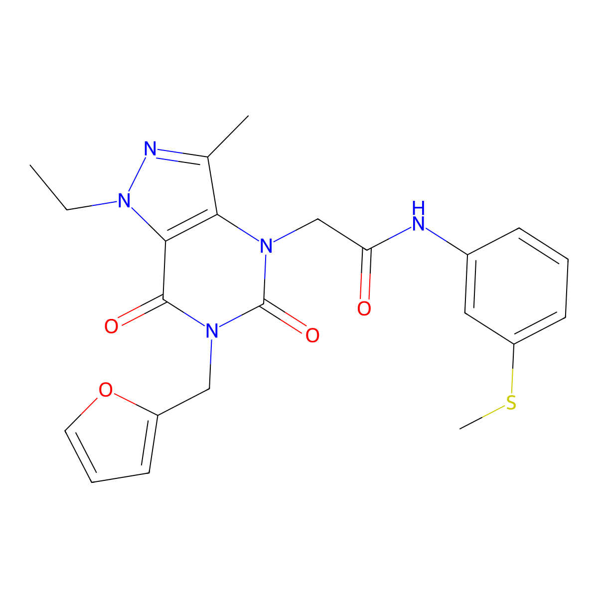 2-(1-ethyl-6-(furan-2-ylmethyl)-3-methyl-5,7-dioxo-6,7-dihydro-1H-pyrazolo[4,3-d]pyrimidin-4(5H)-yl)-N-(3-(methylthio)phenyl)acetamide molecular structure, CAS 1358329-22-2