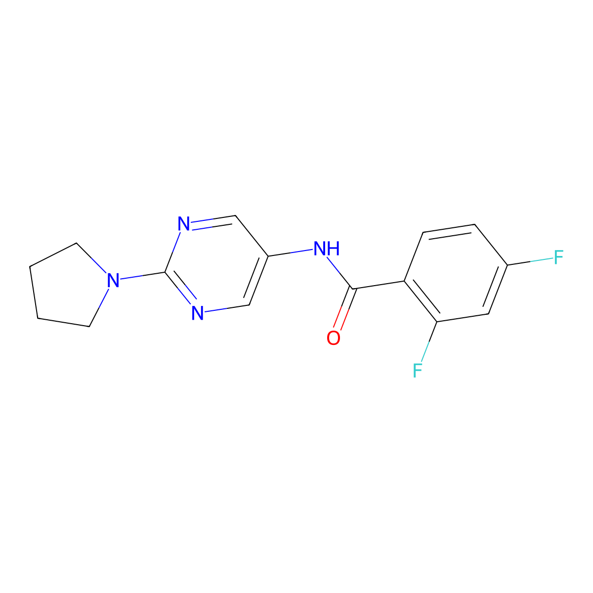2,4-difluoro-N-[2-(pyrrolidin-1-yl)pyrimidin-5-yl]benzamide molecular structure, CAS 1358349-39-9