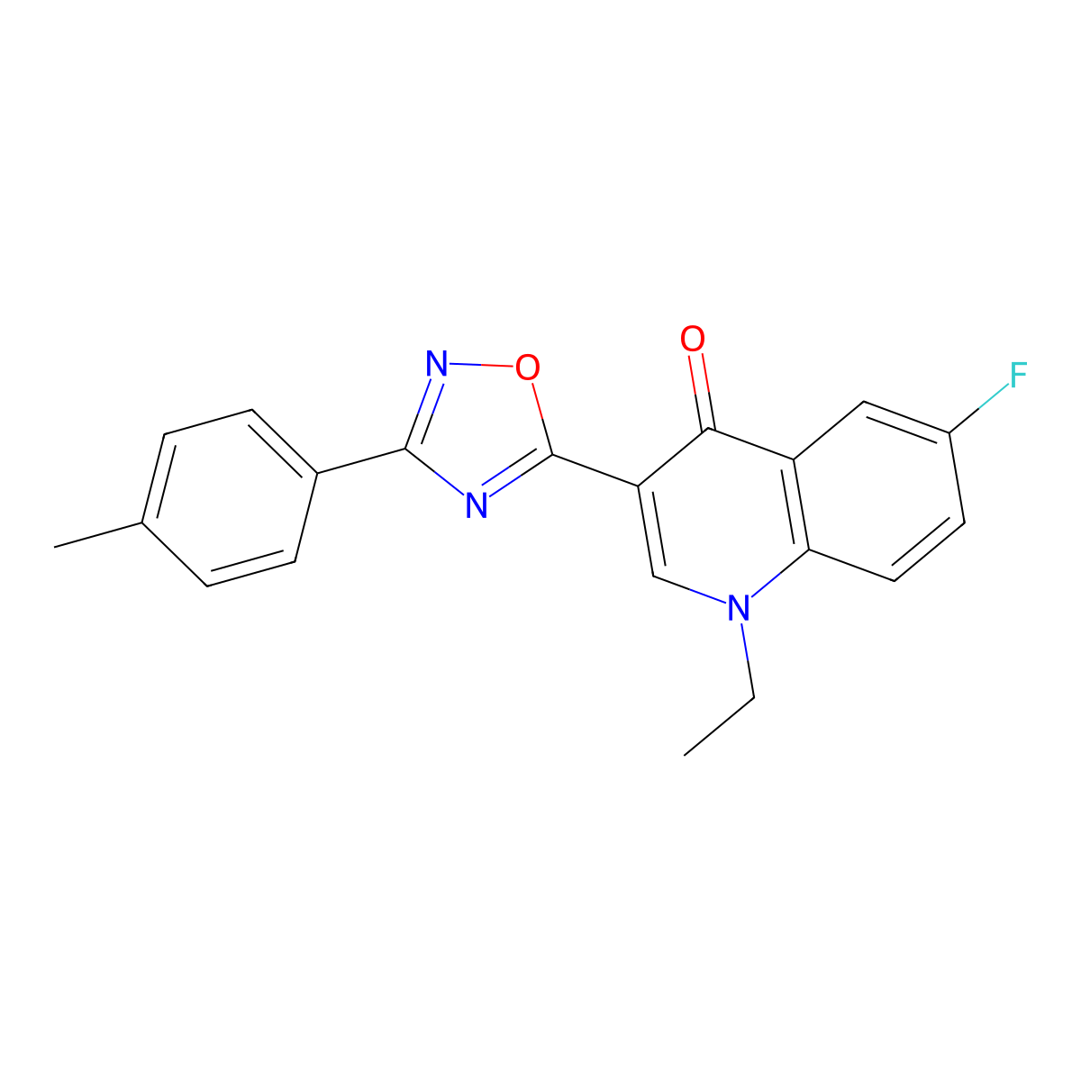 1-ethyl-6-fluoro-3-(3-(p-tolyl)-1,2,4-oxadiazol-5-yl)quinolin-4(1H)-one molecular structure, CAS 1358354-58-1