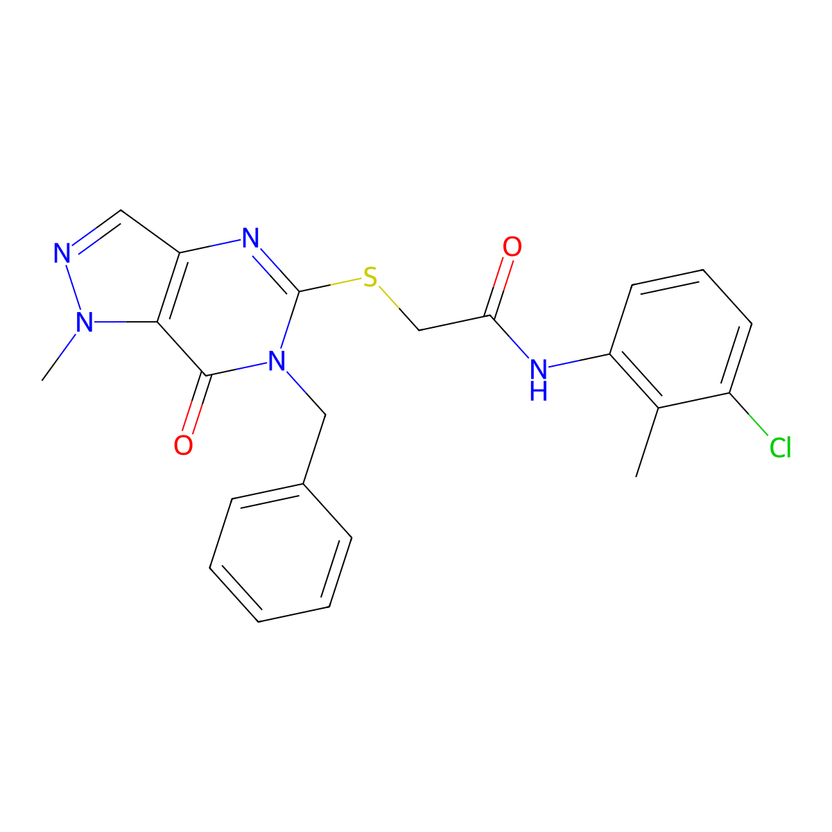 2-({6-benzyl-1-methyl-7-oxo-1H,6H,7H-pyrazolo[4,3-d]pyrimidin-5-yl}sulfanyl)-N-(3-chloro-2-methylphenyl)acetamide molecular structure, CAS 1358372-10-7