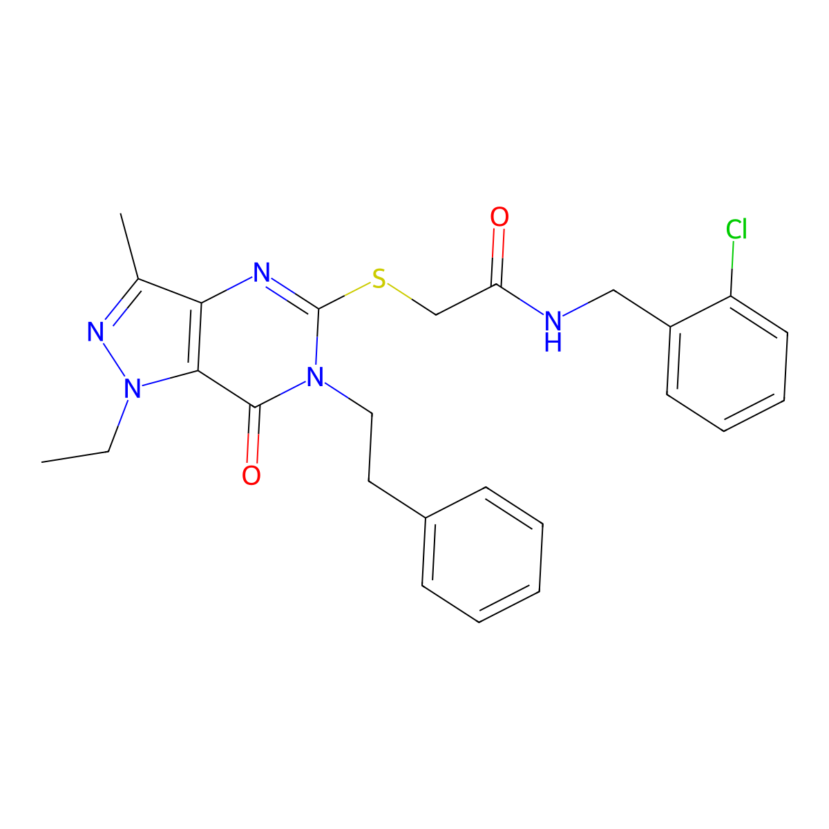 N-[(2-chlorophenyl)methyl]-2-{[1-ethyl-3-methyl-7-oxo-6-(2-phenylethyl)-1H,6H,7H-pyrazolo[4,3-d]pyrimidin-5-yl]sulfanyl}acetamide molecular structure, CAS 1358372-30-1