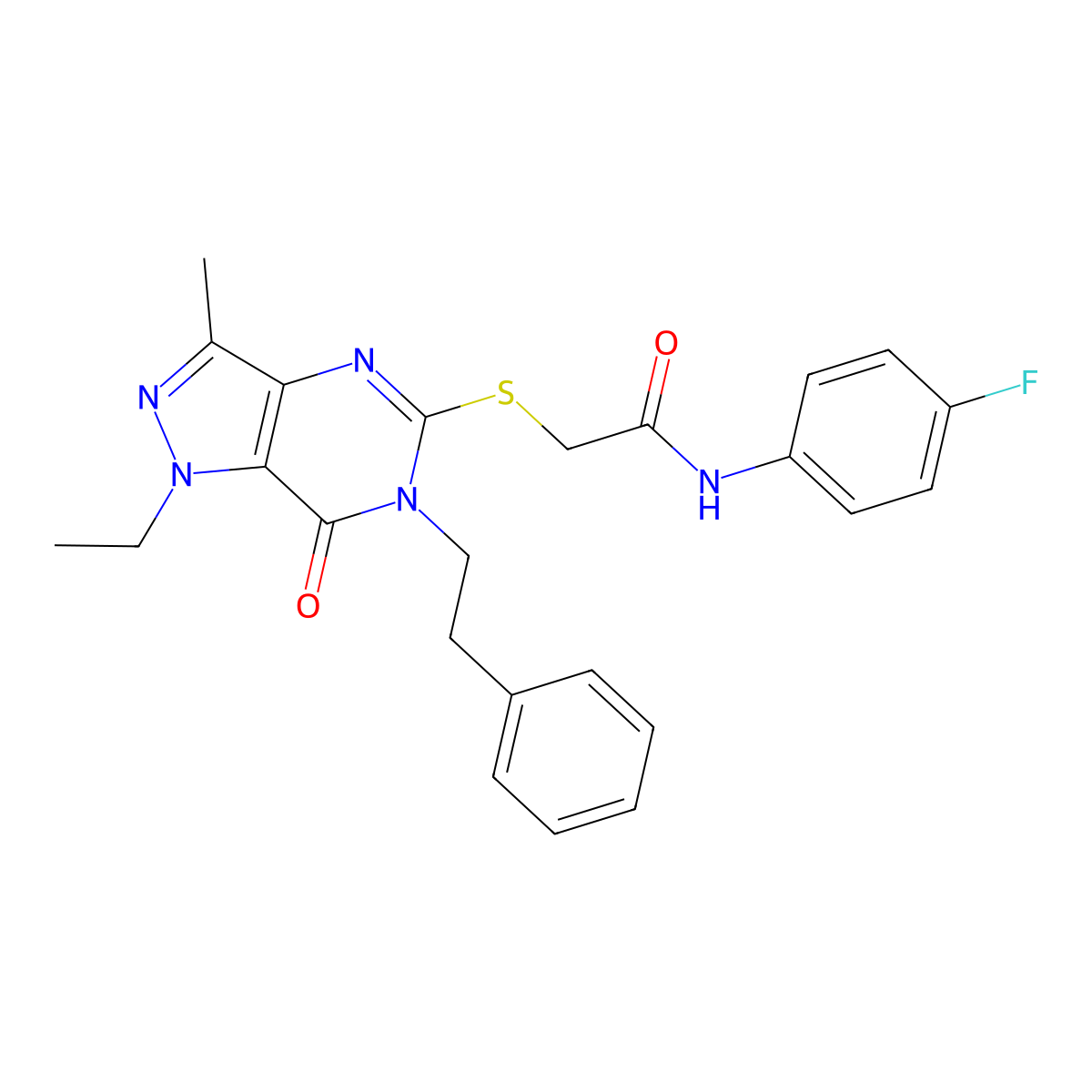 2-((1-ethyl-3-methyl-7-oxo-6-phenethyl-6,7-dihydro-1H-pyrazolo[4,3-d]pyrimidin-5-yl)thio)-N-(4-fluorophenyl)acetamide molecular structure, CAS 1358372-45-8
