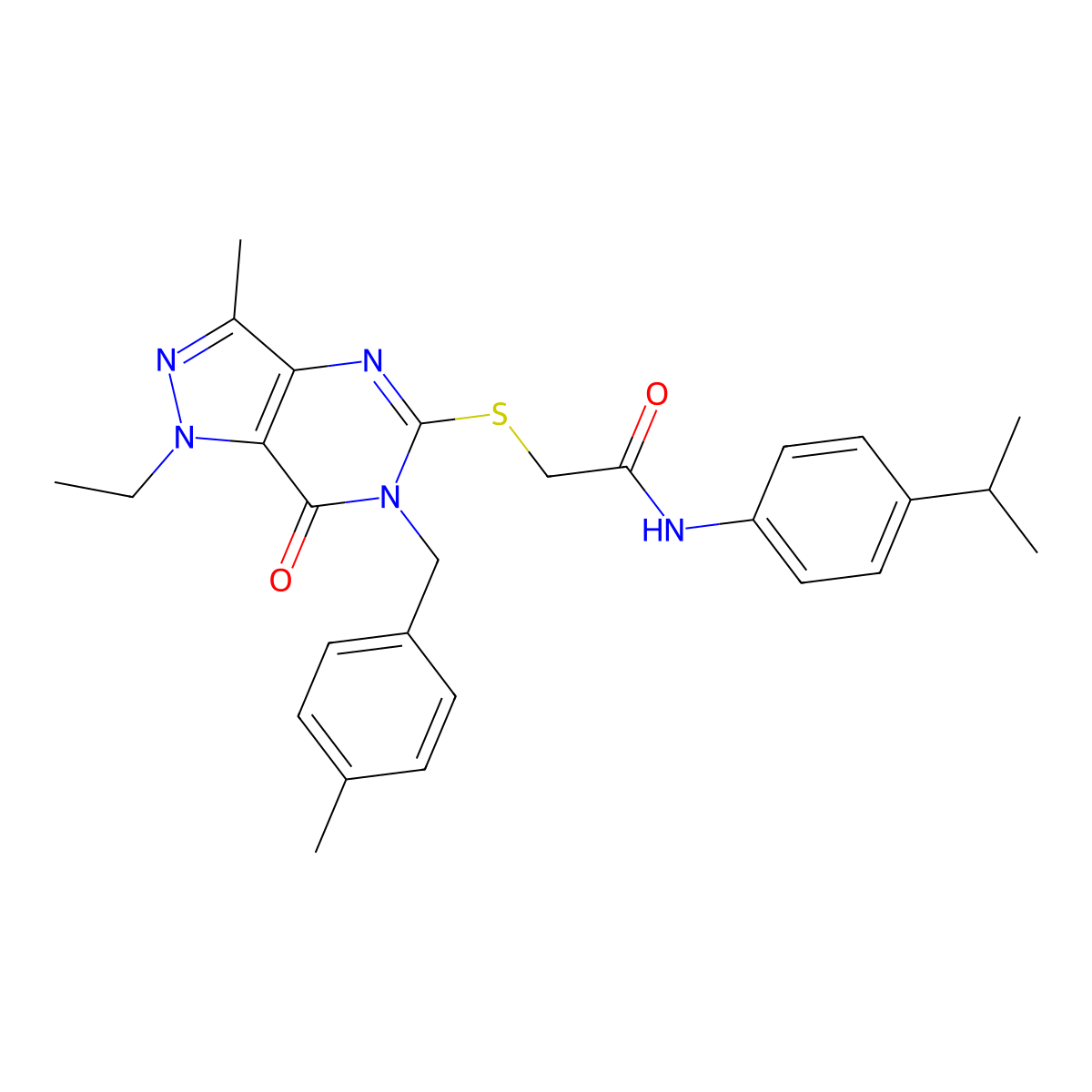 2-((1-ethyl-3-methyl-6-(4-methylbenzyl)-7-oxo-6,7-dihydro-1H-pyrazolo[4,3-d]pyrimidin-5-yl)thio)-N-(4-isopropylphenyl)acetamide molecular structure, CAS 1358372-83-4