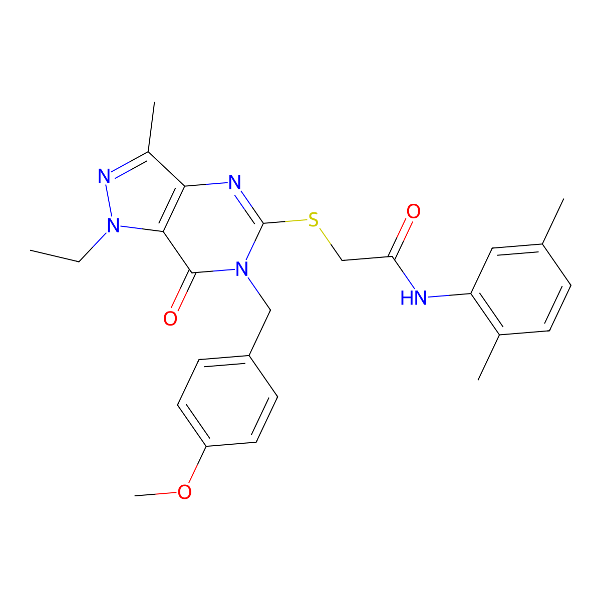 N-(2,5-dimethylphenyl)-2-((1-ethyl-6-(4-methoxybenzyl)-3-methyl-7-oxo-6,7-dihydro-1H-pyrazolo[4,3-d]pyrimidin-5-yl)thio)acetamide molecular structure, CAS 1358373-27-9