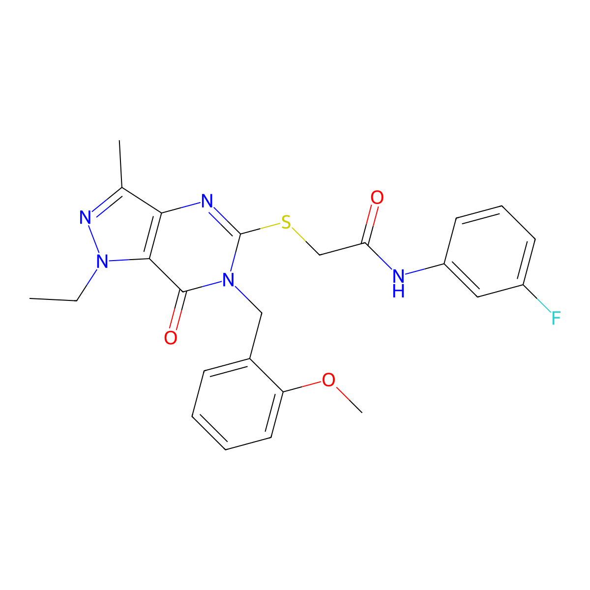 2-((1-ethyl-6-(2-methoxybenzyl)-3-methyl-7-oxo-6,7-dihydro-1H-pyrazolo[4,3-d]pyrimidin-5-yl)thio)-N-(3-fluorophenyl)acetamide molecular structure, CAS 1358373-51-9