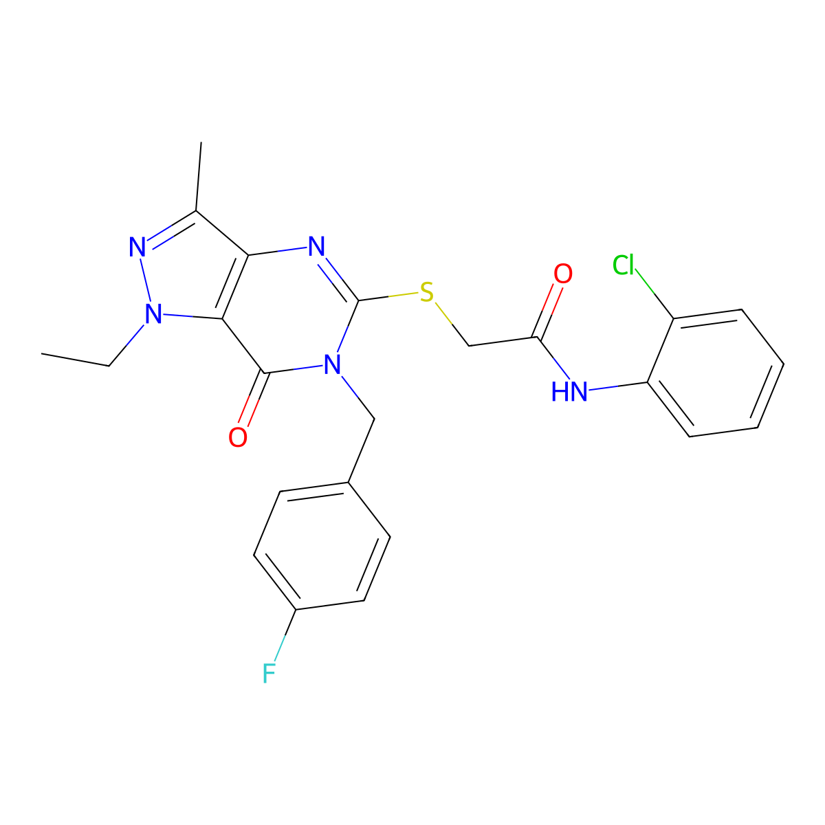 N-(2-chlorophenyl)-2-((1-ethyl-6-(4-fluorobenzyl)-3-methyl-7-oxo-6,7-dihydro-1H-pyrazolo[4,3-d]pyrimidin-5-yl)thio)acetamide molecular structure, CAS 1358374-06-7