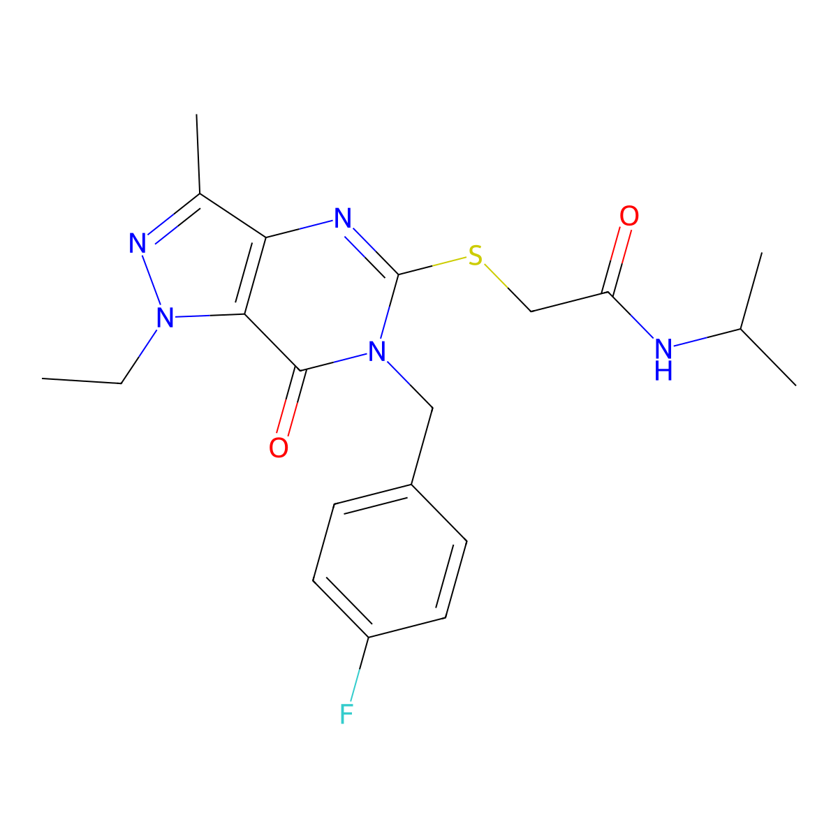 2-({1-ethyl-6-[(4-fluorophenyl)methyl]-3-methyl-7-oxo-1H,6H,7H-pyrazolo[4,3-d]pyrimidin-5-yl}sulfanyl)-N-(propan-2-yl)acetamide molecular structure, CAS 1358374-25-0