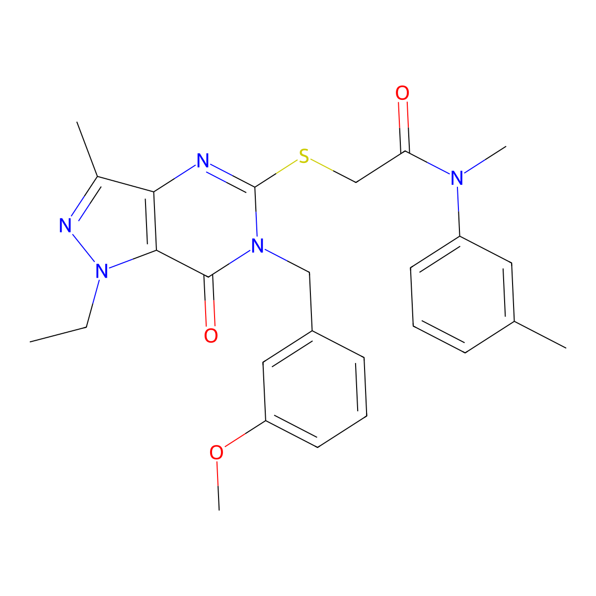 2-((1-ethyl-6-(3-methoxybenzyl)-3-methyl-7-oxo-6,7-dihydro-1H-pyrazolo[4,3-d]pyrimidin-5-yl)thio)-N-methyl-N-(m-tolyl)acetamide molecular structure, CAS 1358374-50-1