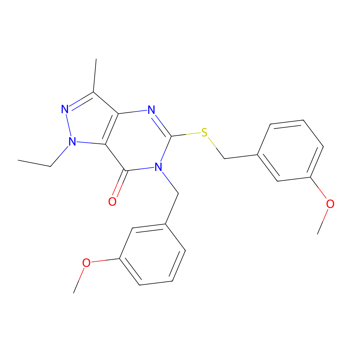 1-ethyl-6-(3-methoxybenzyl)-5-((3-methoxybenzyl)thio)-3-methyl-1H-pyrazolo[4,3-d]pyrimidin-7(6H)-one molecular structure, CAS 1358374-59-0