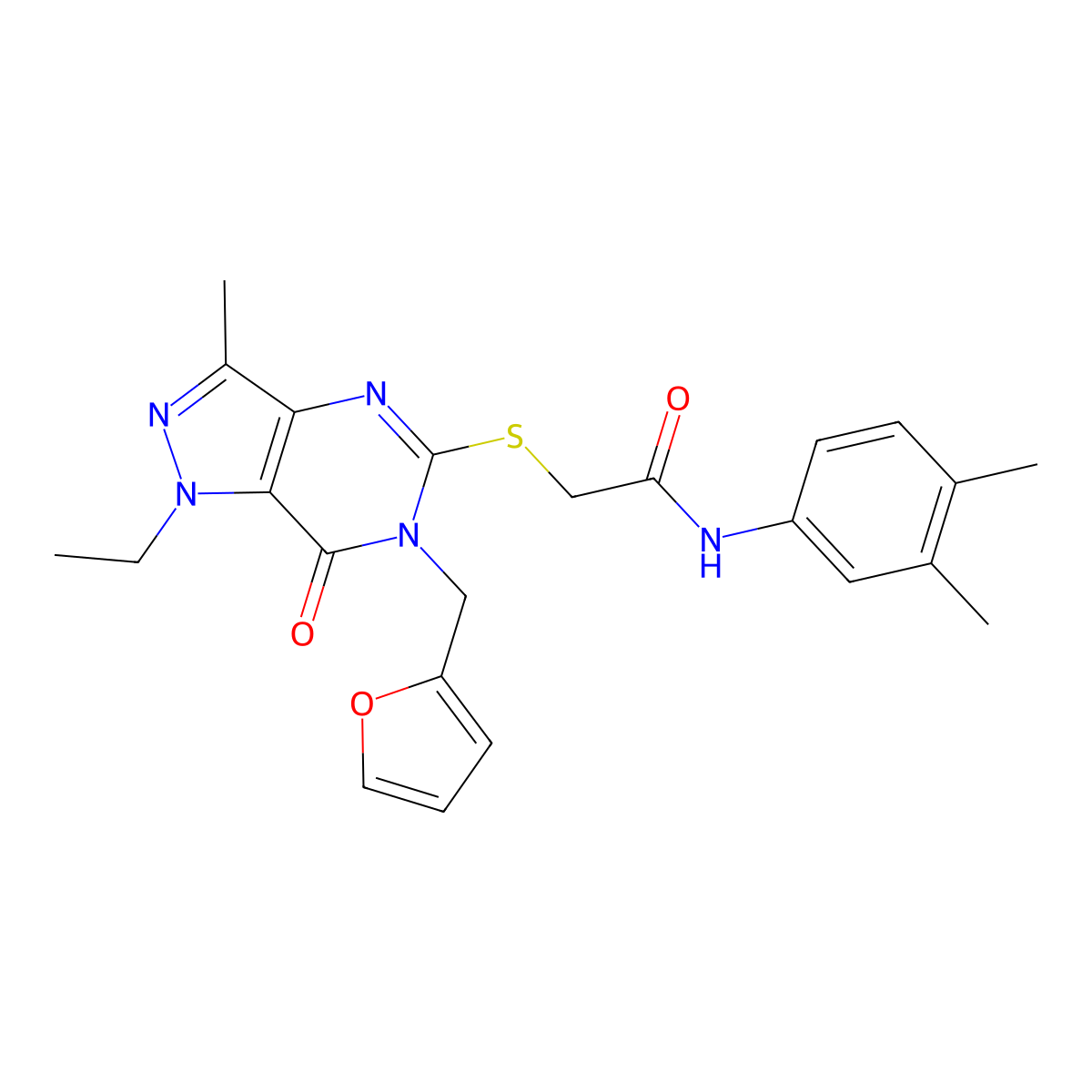 N-(3,4-dimethylphenyl)-2-((1-ethyl-6-(furan-2-ylmethyl)-3-methyl-7-oxo-6,7-dihydro-1H-pyrazolo[4,3-d]pyrimidin-5-yl)thio)acetamide molecular structure, CAS 1358374-71-6