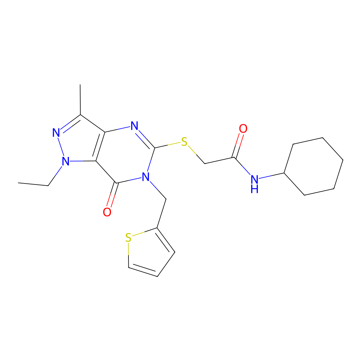 N-cyclohexyl-2-((1-ethyl-3-methyl-7-oxo-6-(thiophen-2-ylmethyl)-6,7-dihydro-1H-pyrazolo[4,3-d]pyrimidin-5-yl)thio)acetamide molecular structure, CAS 1358375-16-2