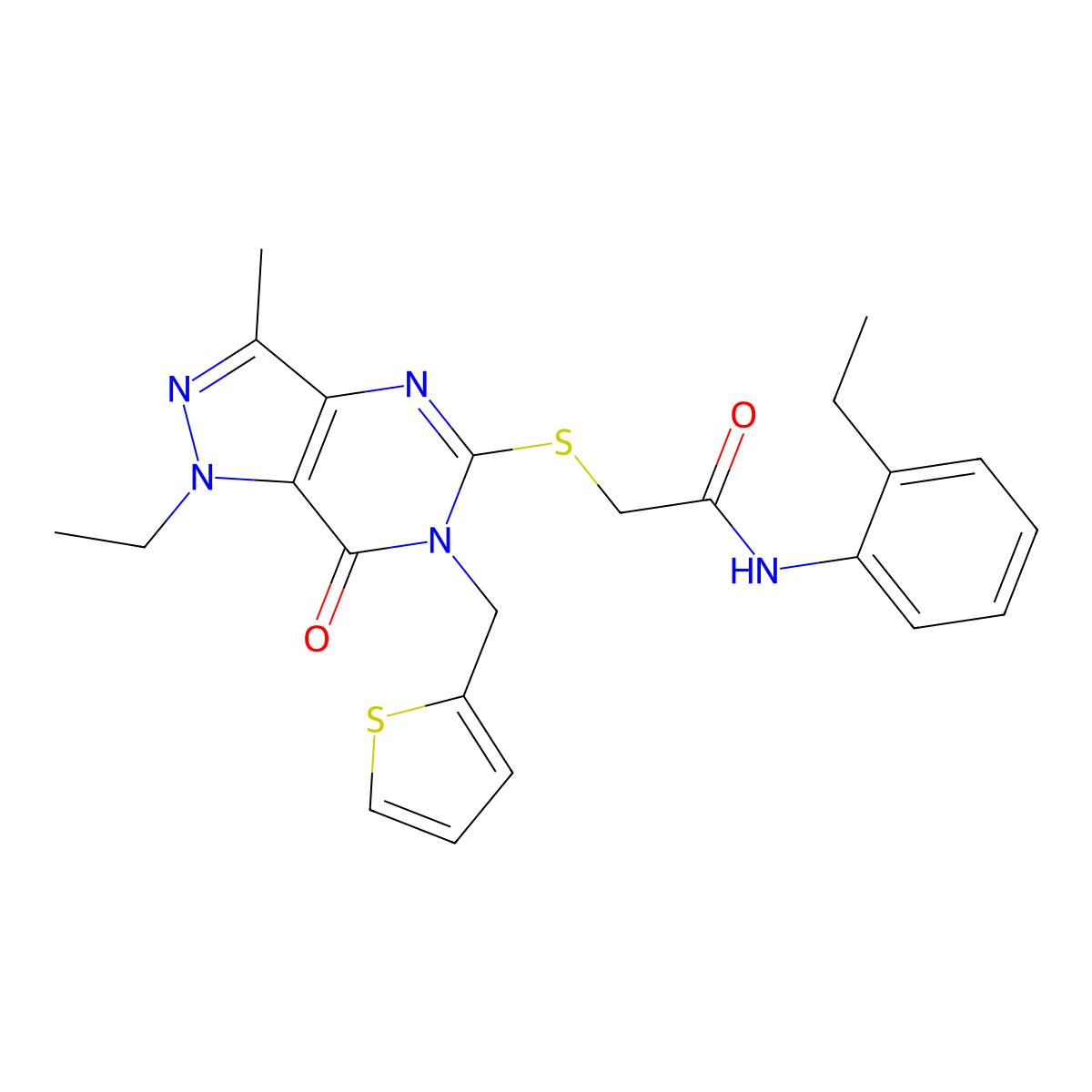 2-((1-ethyl-3-methyl-7-oxo-6-(thiophen-2-ylmethyl)-6,7-dihydro-1H-pyrazolo[4,3-d]pyrimidin-5-yl)thio)-N-(2-ethylphenyl)acetamide molecular structure, CAS 1358375-23-1