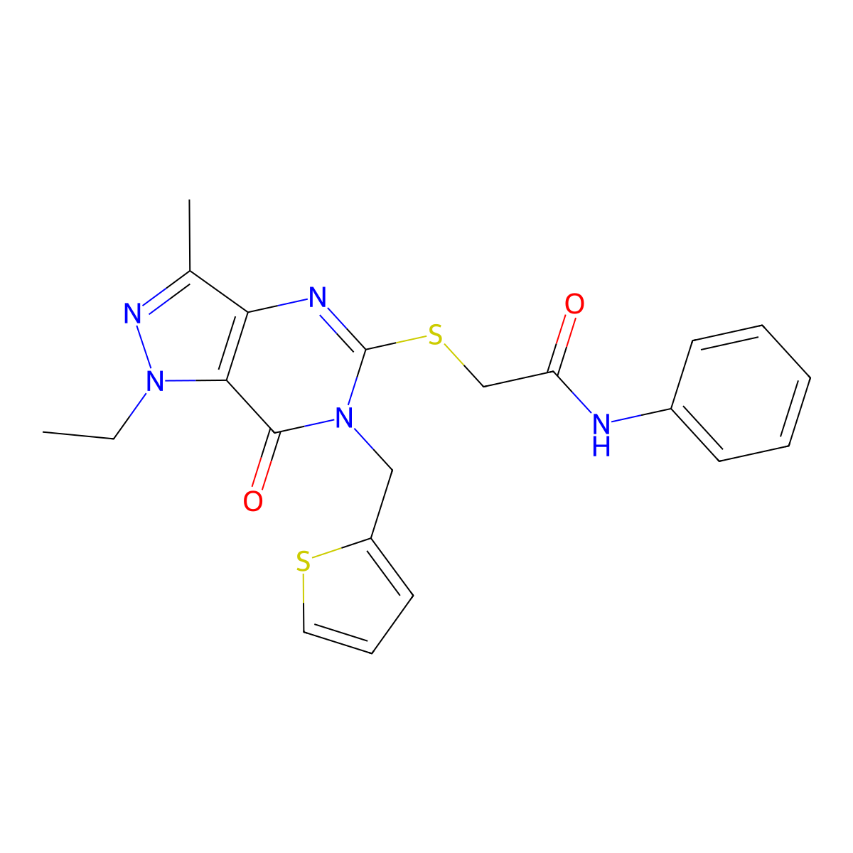 2-({1-ethyl-3-methyl-7-oxo-6-[(thiophen-2-yl)methyl]-1H,6H,7H-pyrazolo[4,3-d]pyrimidin-5-yl}sulfanyl)-N-phenylacetamide molecular structure, CAS 1358375-34-4