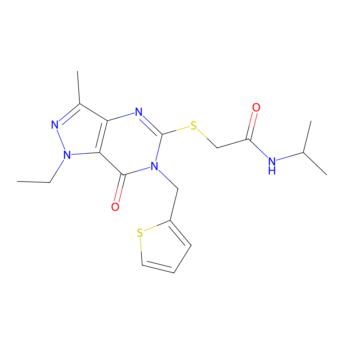 2-((1-ethyl-3-methyl-7-oxo-6-(thiophen-2-ylmethyl)-6,7-dihydro-1H-pyrazolo[4,3-d]pyrimidin-5-yl)thio)-N-isopropylacetamide molecular structure, CAS 1358375-48-0