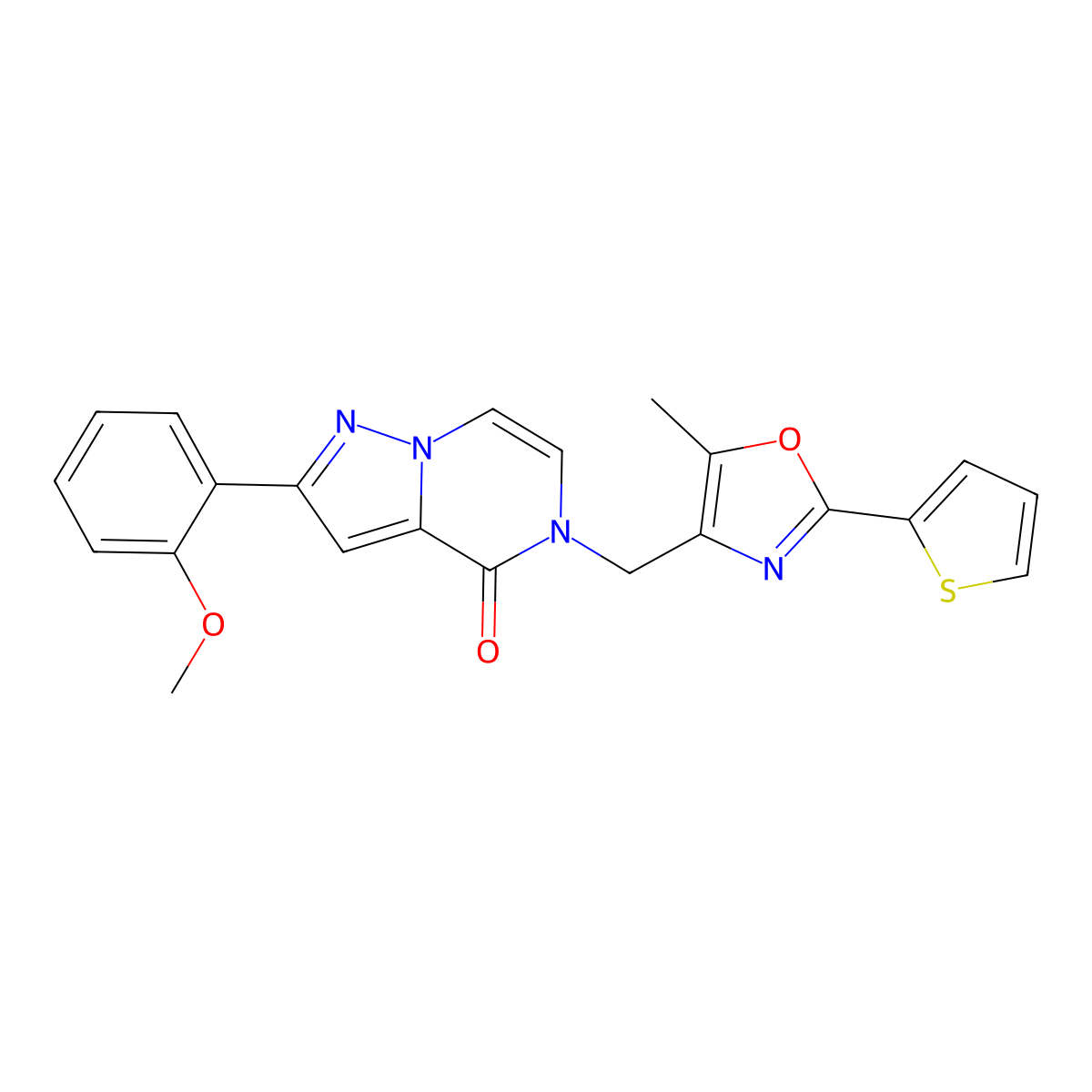 2-(2-methoxyphenyl)-5-((5-methyl-2-(thiophen-2-yl)oxazol-4-yl)methyl)pyrazolo[1,5-a]pyrazin-4(5H)-one molecular structure, CAS 1358377-13-5