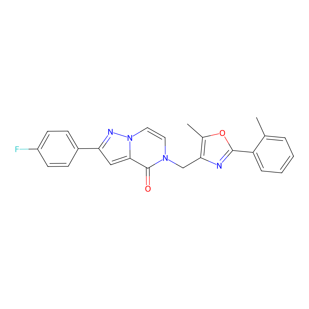 2-(4-fluorophenyl)-5-((5-methyl-2-(o-tolyl)oxazol-4-yl)methyl)pyrazolo[1,5-a]pyrazin-4(5H)-one molecular structure, CAS 1358377-56-6