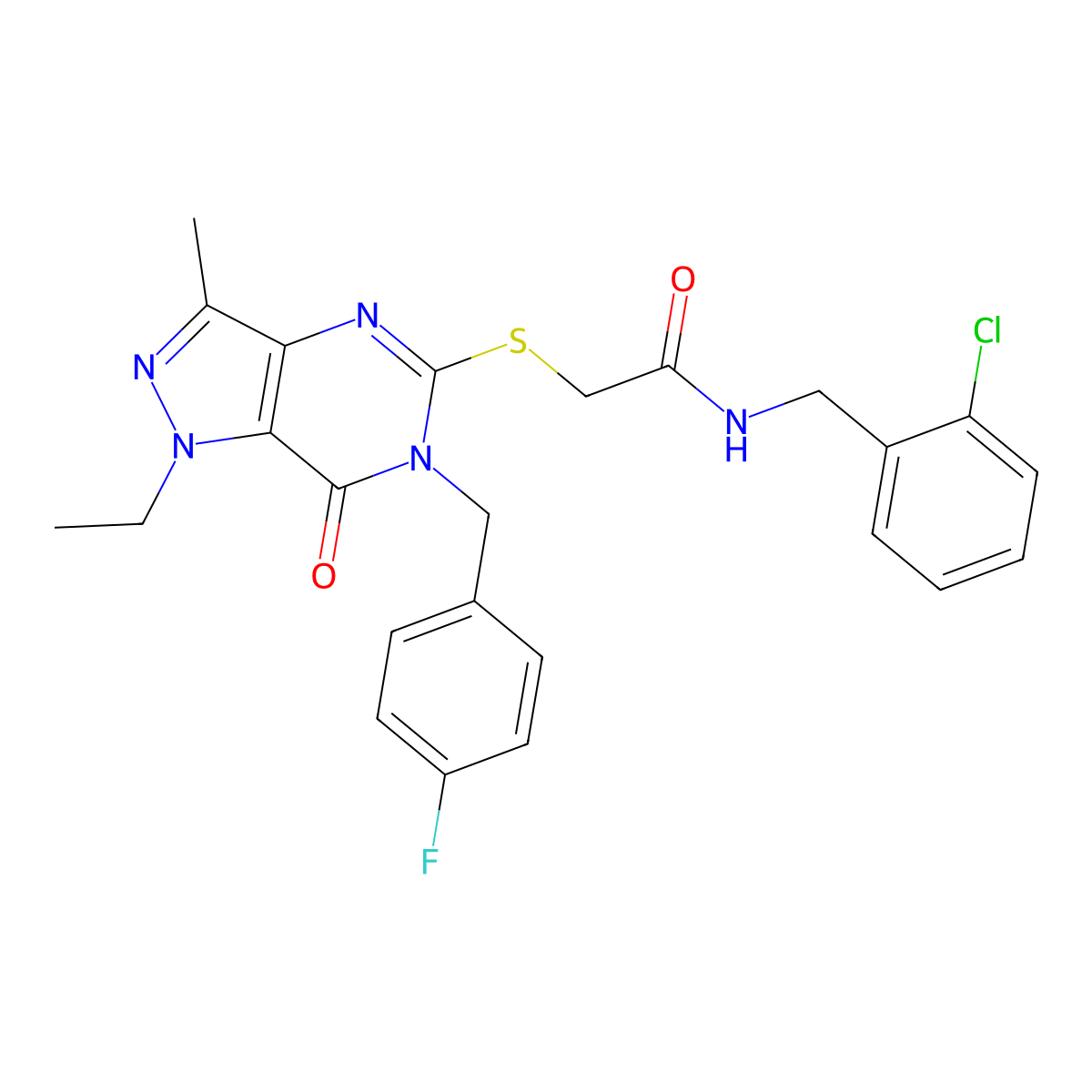 N-[(2-chlorophenyl)methyl]-2-({1-ethyl-6-[(4-fluorophenyl)methyl]-3-methyl-7-oxo-1H,6H,7H-pyrazolo[4,3-d]pyrimidin-5-yl}sulfanyl)acetamide molecular structure, CAS 1358402-03-5