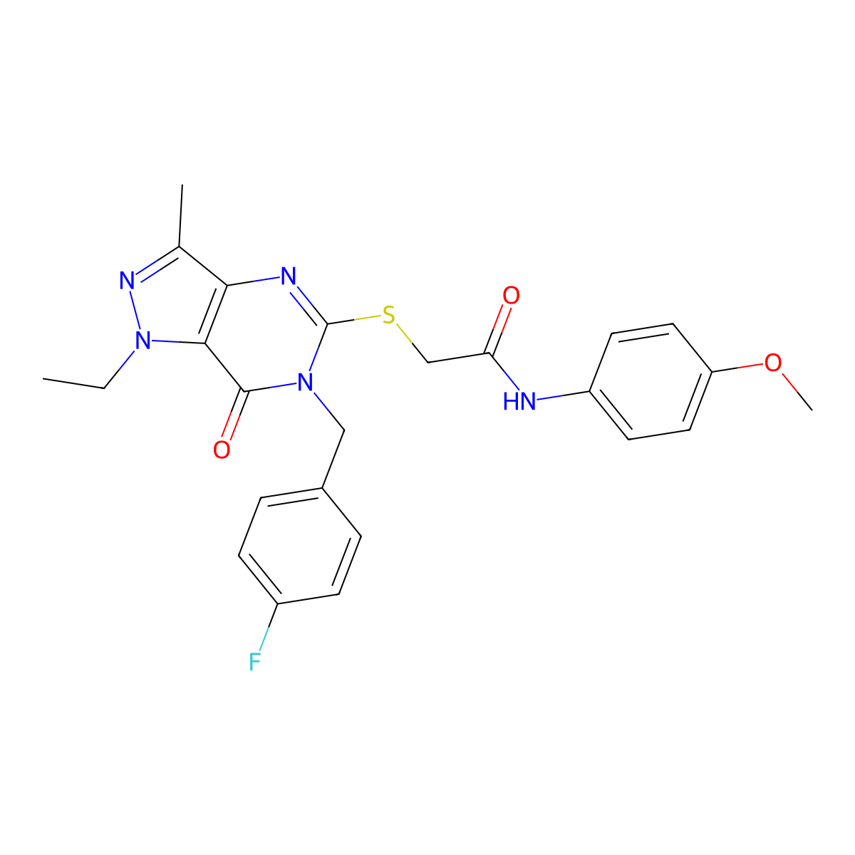 2-((1-ethyl-6-(4-fluorobenzyl)-3-methyl-7-oxo-6,7-dihydro-1H-pyrazolo[4,3-d]pyrimidin-5-yl)thio)-N-(4-methoxyphenyl)acetamide molecular structure, CAS 1358402-11-5