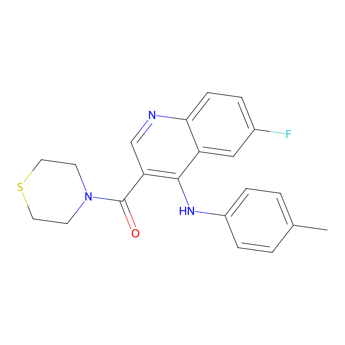 (6-Fluoro-4-(p-tolylamino)quinolin-3-yl)(thiomorpholino)methanone molecular structure, CAS 1358406-31-1