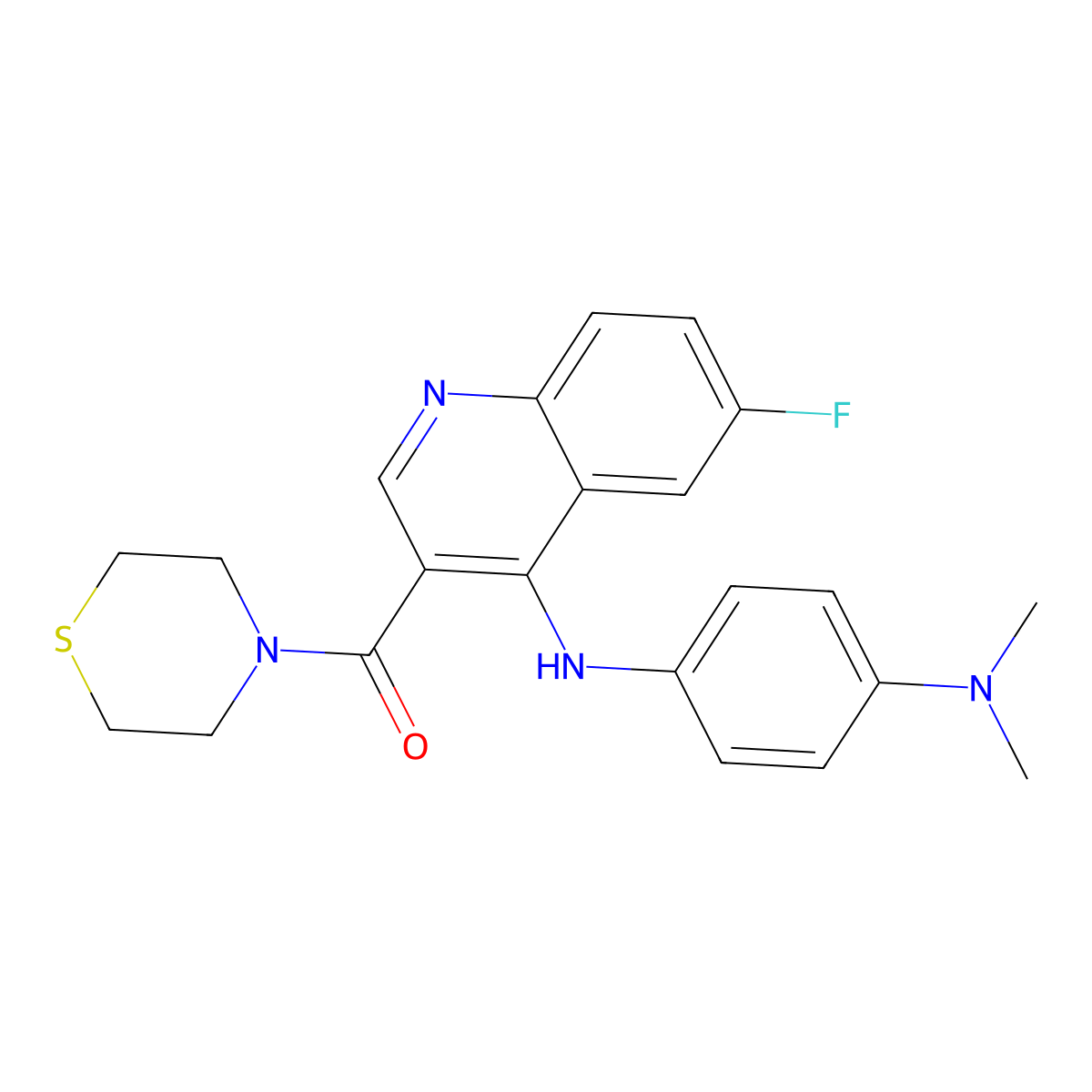 (4-((4-(Dimethylamino)phenyl)amino)-6-fluoroquinolin-3-yl)(thiomorpholino)methanone molecular structure, CAS 1358406-38-8