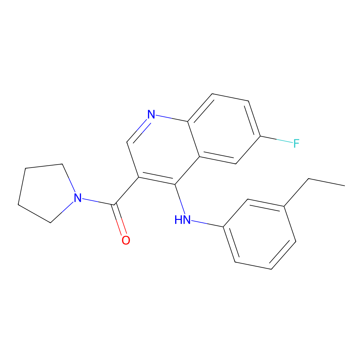 (4-((3-Ethylphenyl)amino)-6-fluoroquinolin-3-yl)(pyrrolidin-1-yl)methanone molecular structure, CAS 1358406-70-8