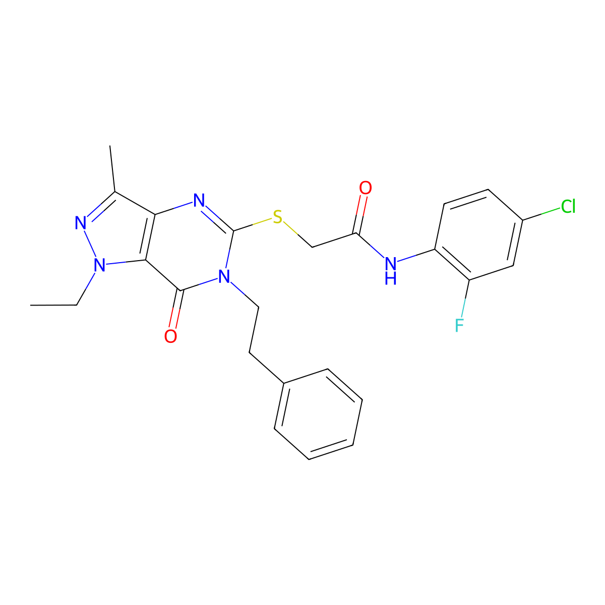 N-(4-chloro-2-fluorophenyl)-2-{[1-ethyl-3-methyl-7-oxo-6-(2-phenylethyl)-1H,6H,7H-pyrazolo[4,3-d]pyrimidin-5-yl]sulfanyl}acetamide molecular structure, CAS 1358407-12-1