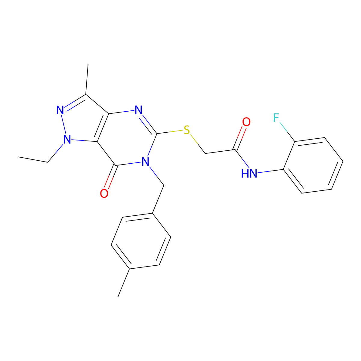 2-((1-ethyl-3-methyl-6-(4-methylbenzyl)-7-oxo-6,7-dihydro-1H-pyrazolo[4,3-d]pyrimidin-5-yl)thio)-N-(2-fluorophenyl)acetamide molecular structure, CAS 1358407-40-5