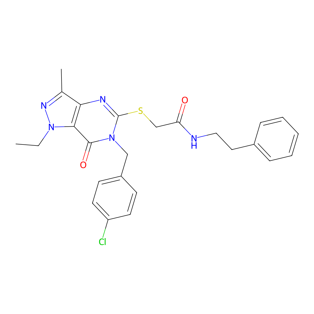 2-((6-(4-chlorobenzyl)-1-ethyl-3-methyl-7-oxo-6,7-dihydro-1H-pyrazolo[4,3-d]pyrimidin-5-yl)thio)-N-phenethylacetamide molecular structure, CAS 1358407-55-2