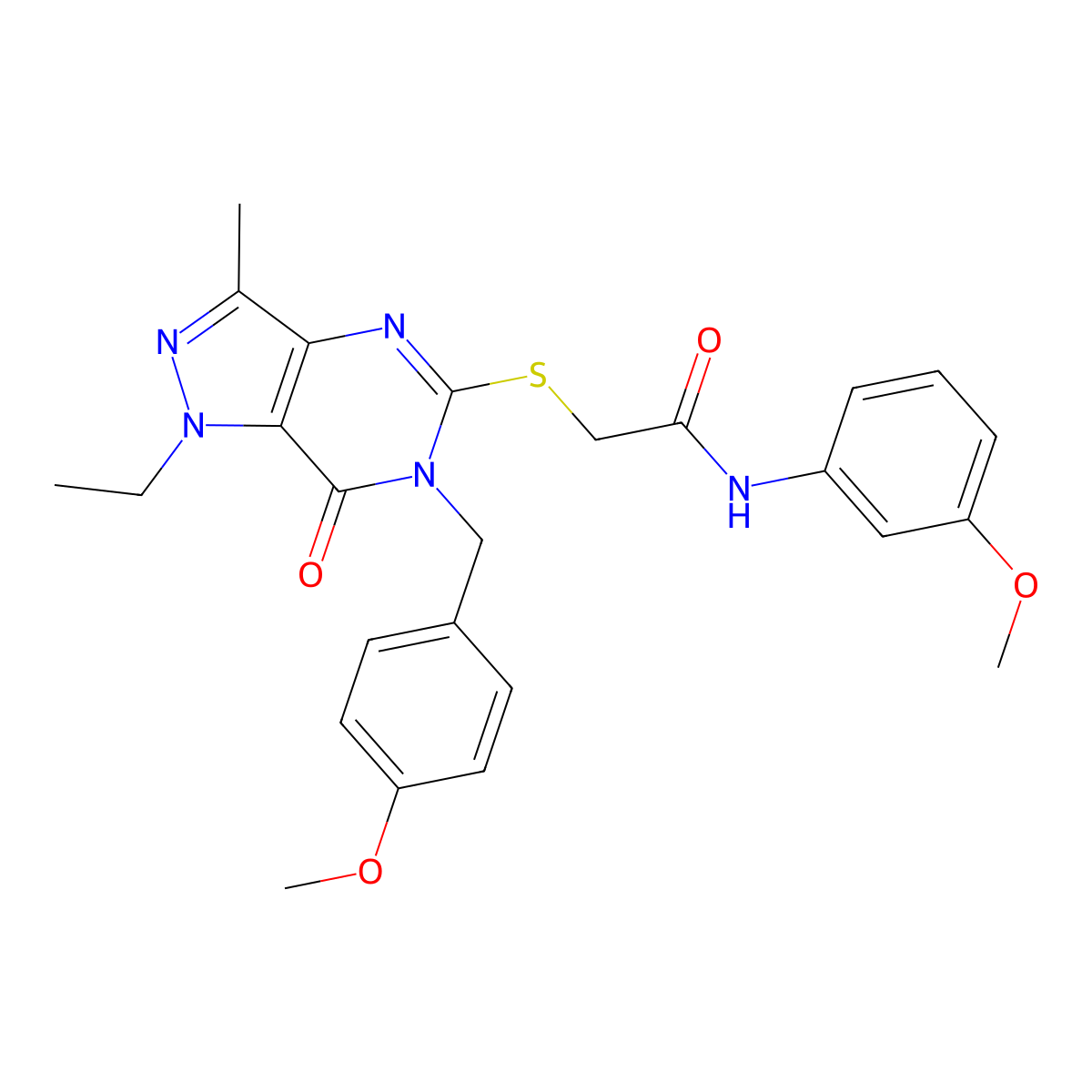 2-((1-ethyl-6-(4-methoxybenzyl)-3-methyl-7-oxo-6,7-dihydro-1H-pyrazolo[4,3-d]pyrimidin-5-yl)thio)-N-(3-methoxyphenyl)acetamide molecular structure, CAS 1358407-73-4