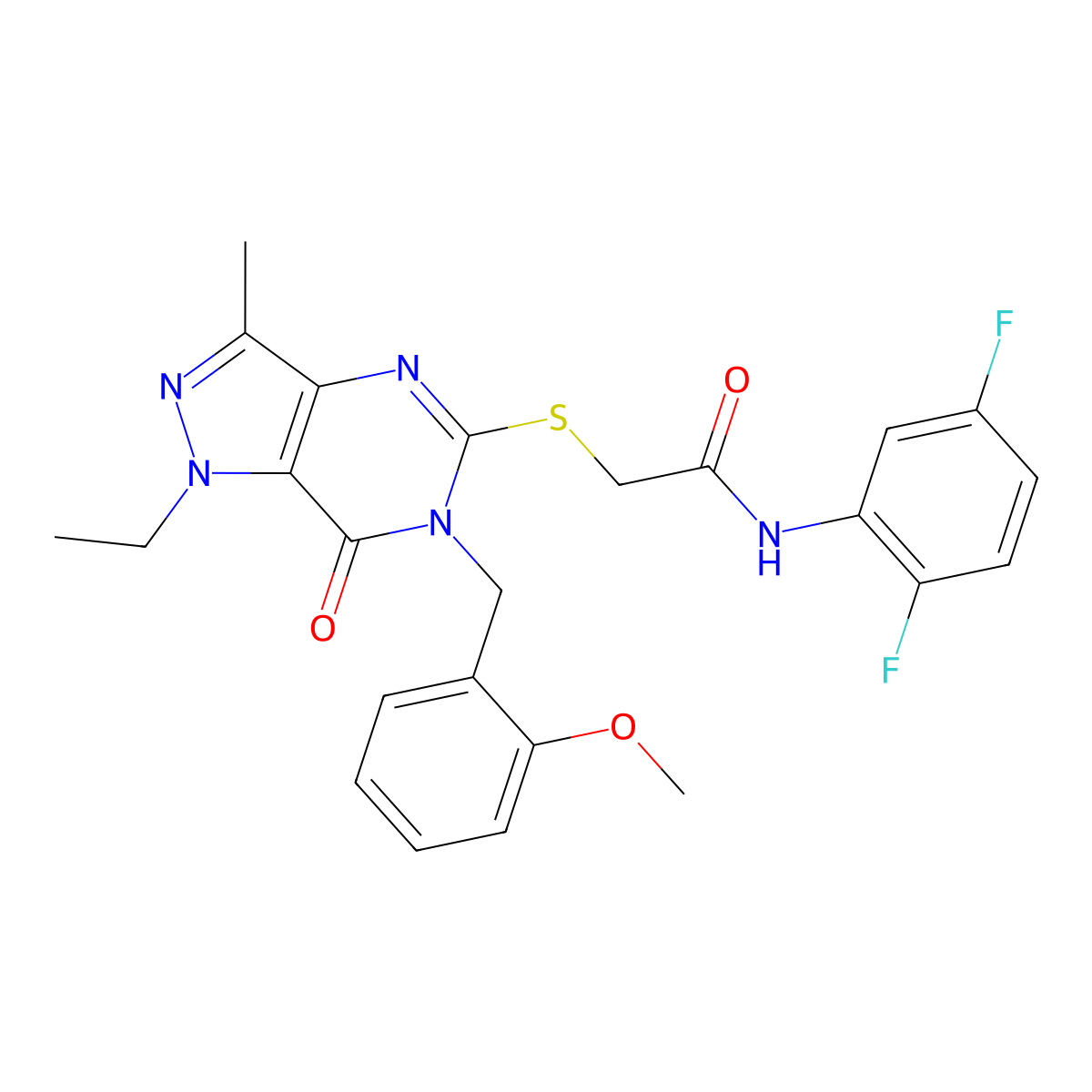 N-(2,5-difluorophenyl)-2-((1-ethyl-6-(2-methoxybenzyl)-3-methyl-7-oxo-6,7-dihydro-1H-pyrazolo[4,3-d]pyrimidin-5-yl)thio)acetamide molecular structure, CAS 1358407-77-8