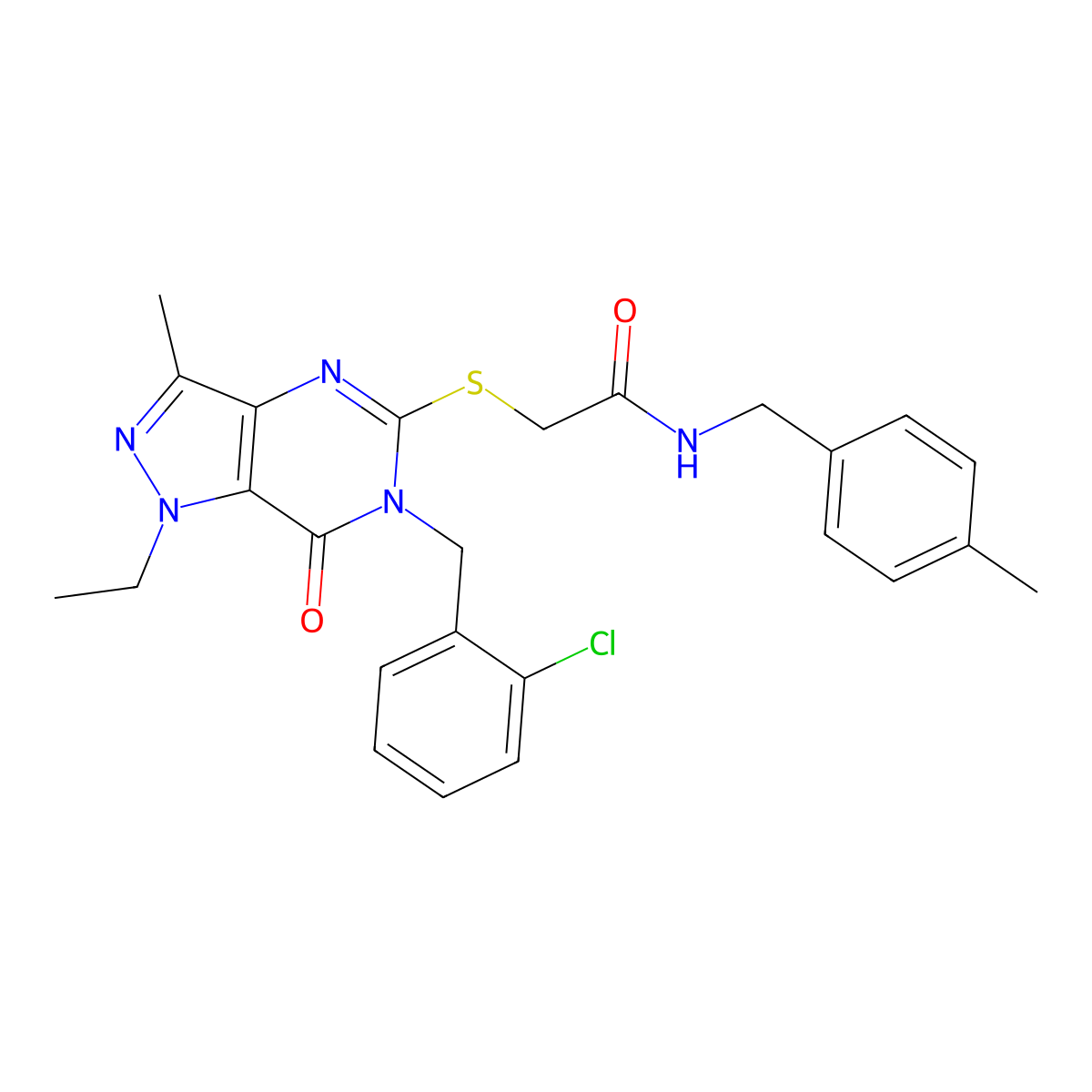 2-({6-[(2-chlorophenyl)methyl]-1-ethyl-3-methyl-7-oxo-1H,6H,7H-pyrazolo[4,3-d]pyrimidin-5-yl}sulfanyl)-N-[(4-methylphenyl)methyl]acetamide molecular structure, CAS 1358407-90-5