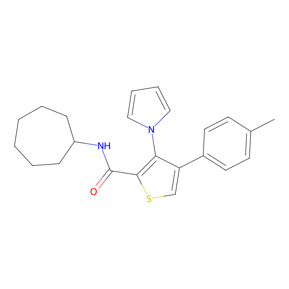 N-cycloheptyl-4-(4-methylphenyl)-3-(1H-pyrrol-1-yl)thiophene-2-carboxamide molecular structure, CAS 1358411-31-0