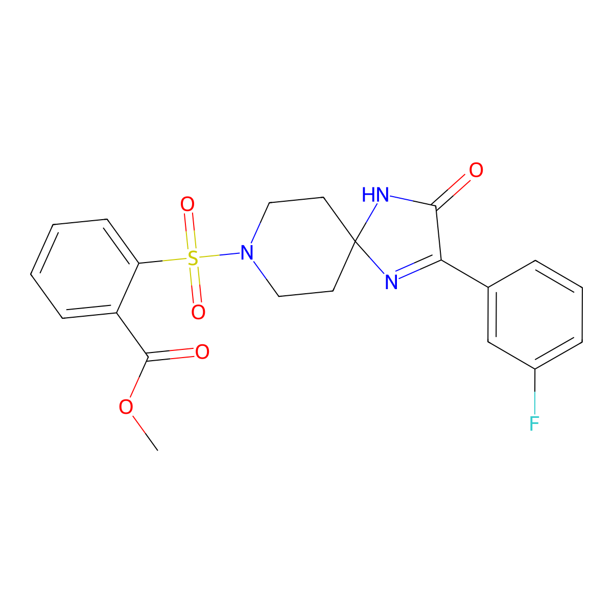 Methyl 2-{[2-(3-fluorophenyl)-3-oxo-1,4,8-triazaspiro[4.5]dec-1-en-8-yl]sulfonyl}benzoate molecular structure, CAS 1358423-93-4