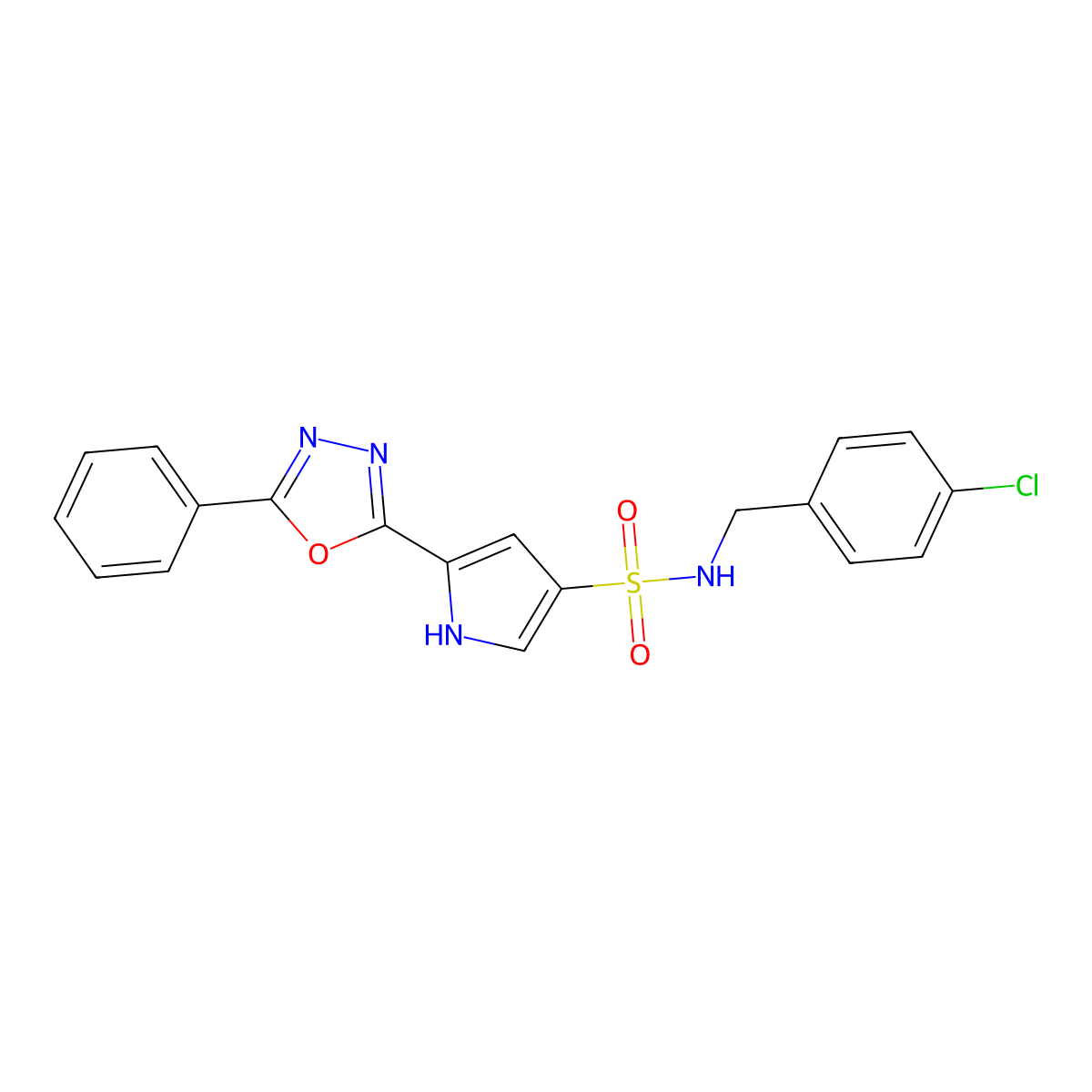 N-[(4-Chlorophenyl)methyl]-5-(5-phenyl-1,3,4-oxadiazol-2-YL)-1H-pyrrole-3-sulfonamide molecular structure, CAS 1358424-01-7