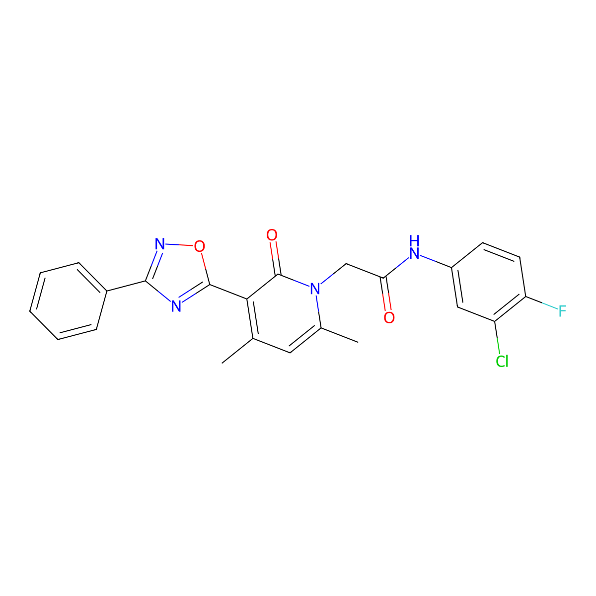 N-(3-chloro-4-fluorophenyl)-2-(4,6-dimethyl-2-oxo-3-(3-phenyl-1,2,4-oxadiazol-5-yl)pyridin-1(2H)-yl)acetamide molecular structure, CAS 1358434-21-5