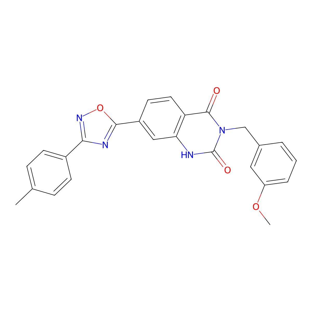 3-(3-methoxybenzyl)-7-(3-(p-tolyl)-1,2,4-oxadiazol-5-yl)quinazoline-2,4(1H,3H)-dione molecular structure, CAS 1358438-30-8