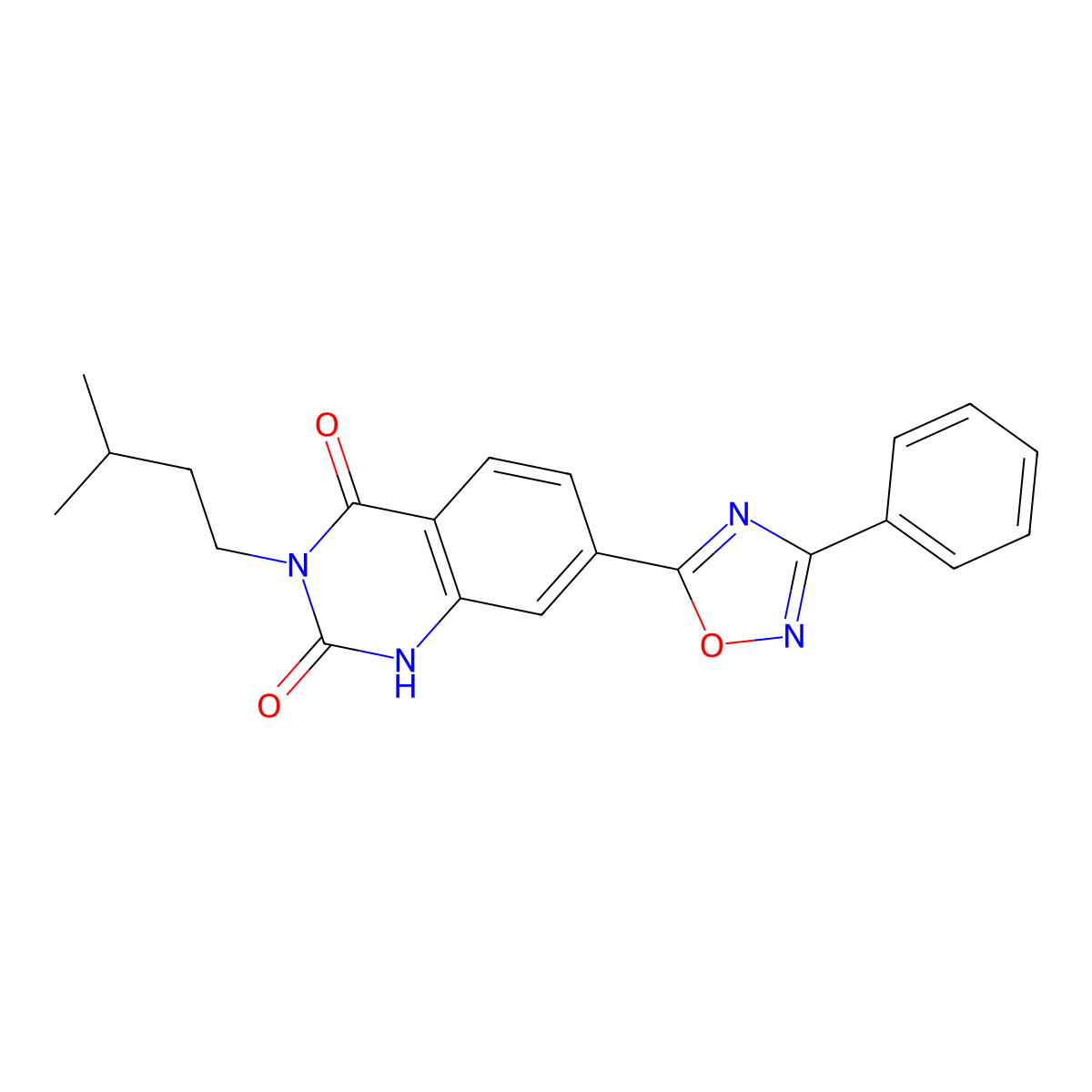 3-isopentyl-7-(3-phenyl-1,2,4-oxadiazol-5-yl)quinazoline-2,4(1H,3H)-dione molecular structure, CAS 1358438-62-6