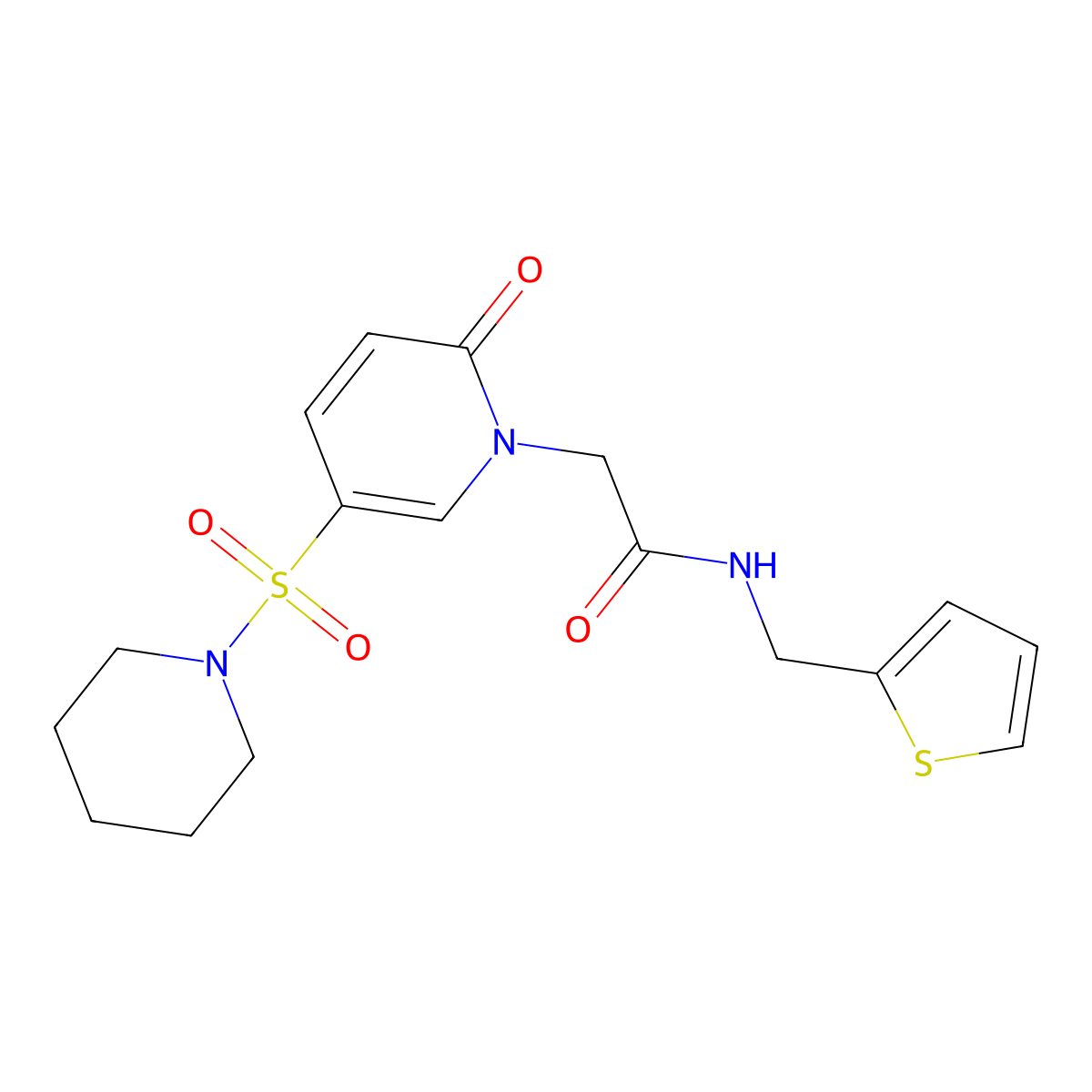 2-[2-oxo-5-(piperidine-1-sulfonyl)-1,2-dihydropyridin-1-yl]-N-[(thiophen-2-yl)methyl]acetamide molecular structure, CAS 1358439-33-4