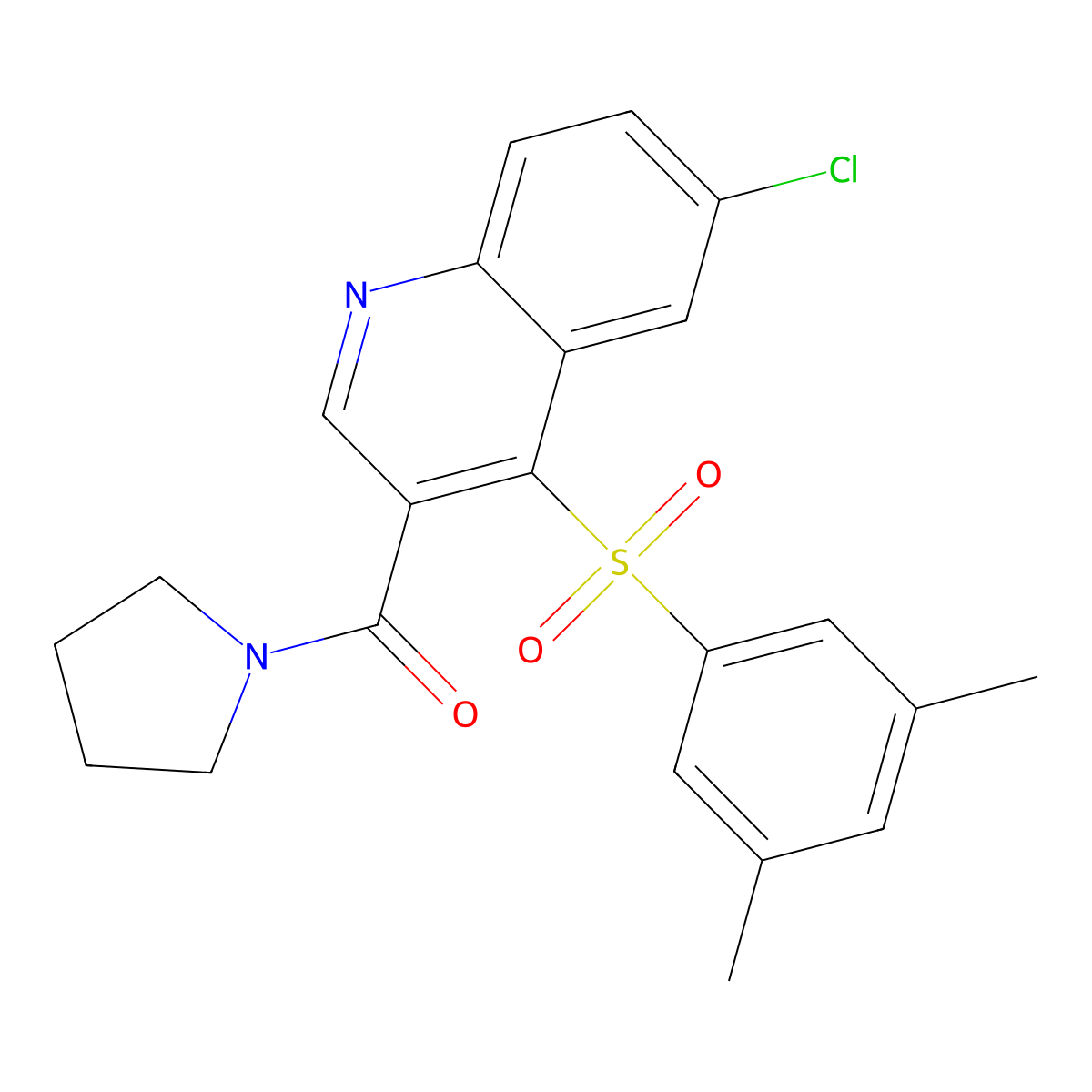 6-Chloro-4-(3,5-dimethylbenzenesulfonyl)-3-(pyrrolidine-1-carbonyl)quinoline molecular structure, CAS 1358458-72-6